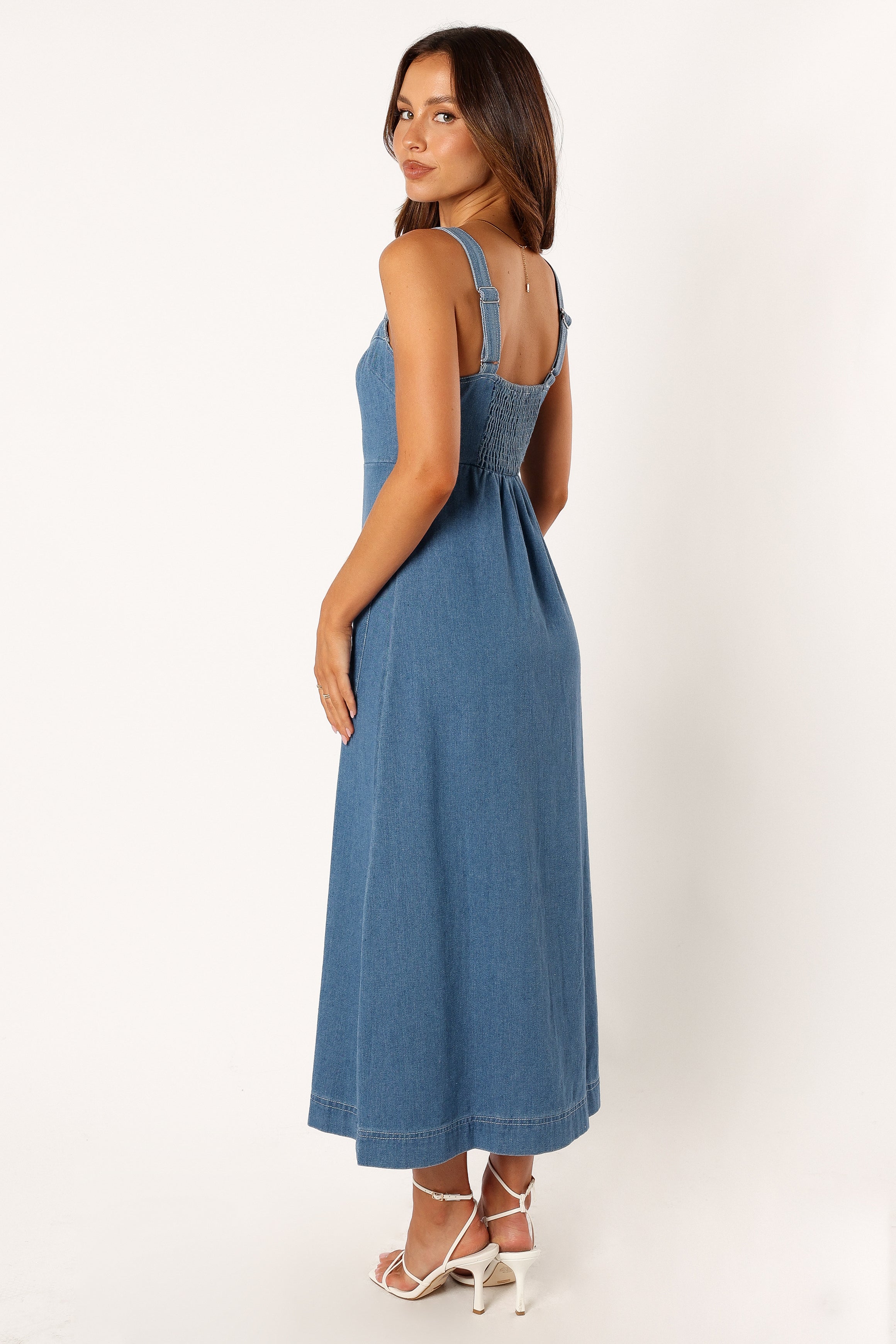 Bettie Midi Denim Dress for Women - Vintage Inspired Blue Jean Skirt Dress for Casual Outings & Date Nights