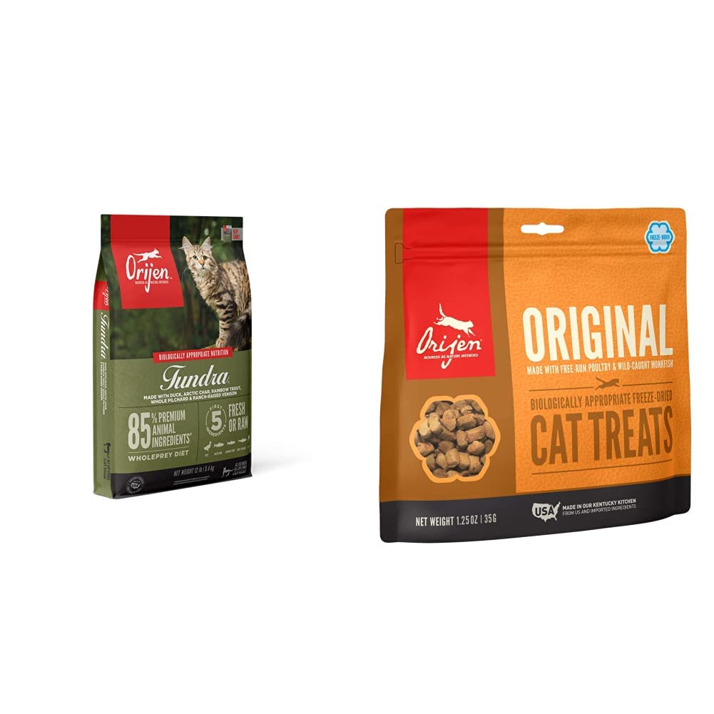 ORIJEN® Grain-Free Premium Dry Cat Food - High Protein with Fresh & Raw Animal Ingredients - Tundra Flavor (12lb Bag) | ORIJEN® Freeze-Dried Cat Treats - Original Recipe (1.25oz) - Perfect for Indoor Cats, Weight Management & Healthy Coat