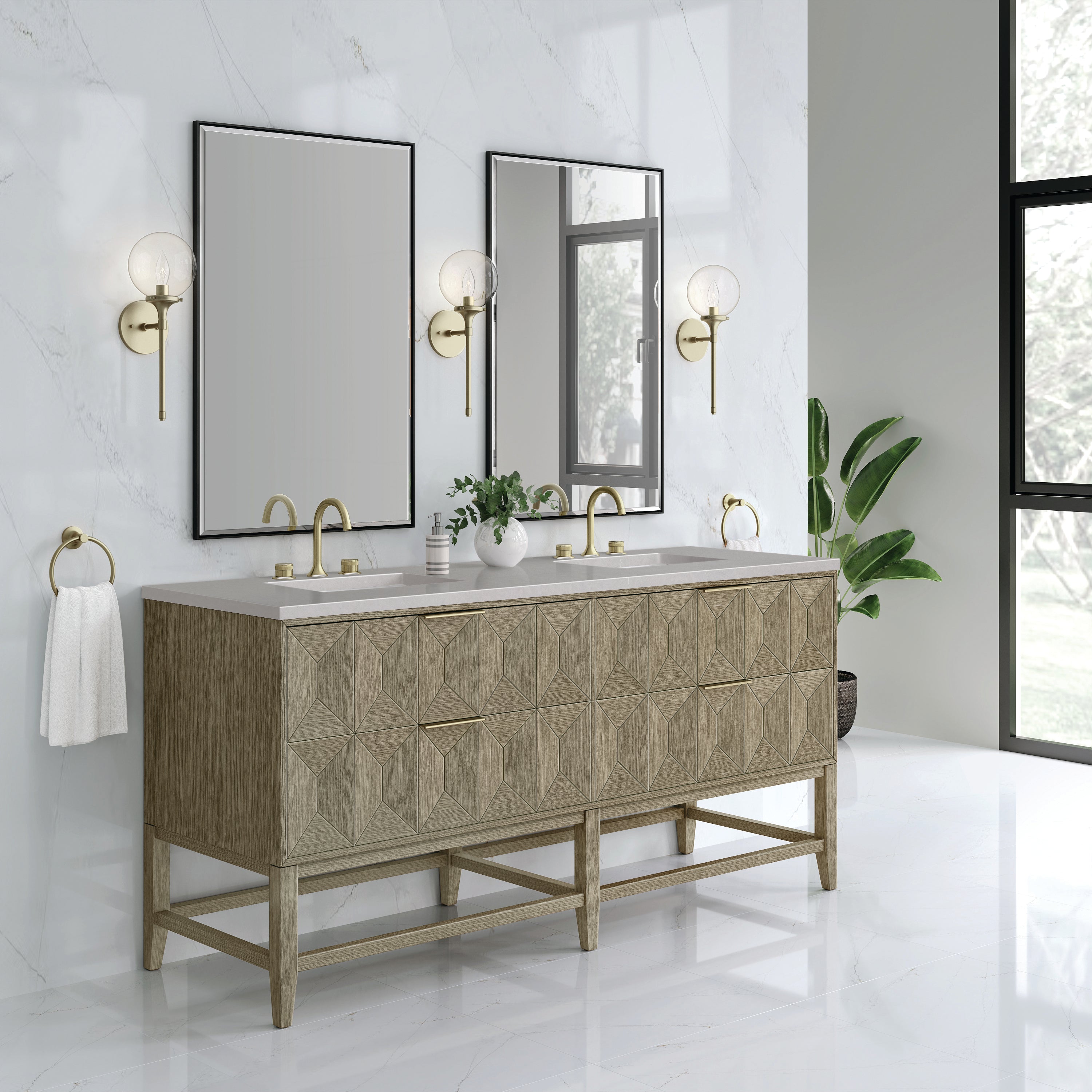 Emmeline 72 Inch Double Bathroom Vanity with Pebble Oak Finish & 3CM Eternal Serena Quartz Top - Perfect for Master Bathroom Renovation & Modern Home Decor