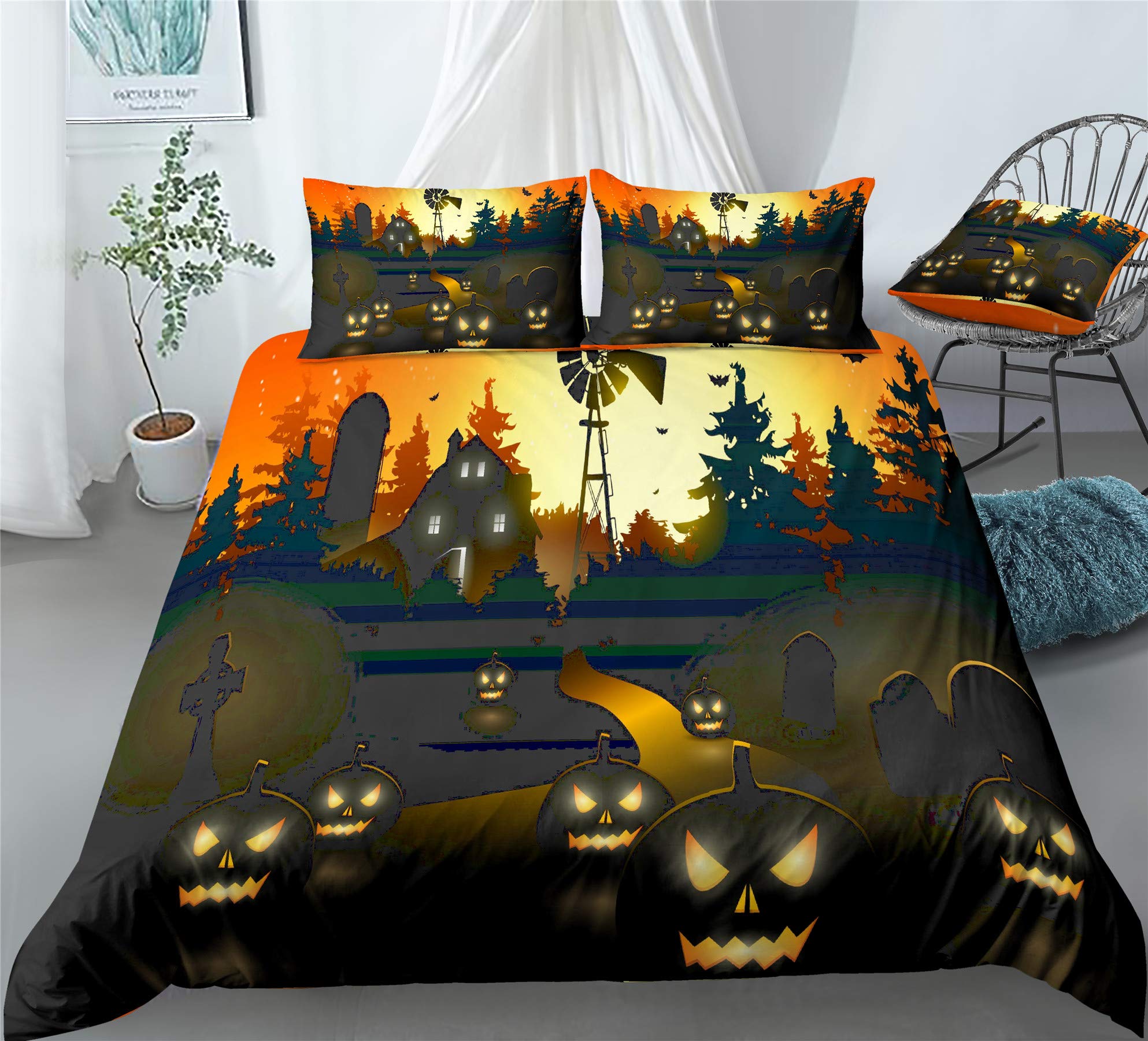 Moon Graveyard Duvet Cover Set - Halloween Bedding for Twin, Full, Queen & King Size Beds | 3-4 Piece Set with Duvet Cover & Pillow Shams (Queen Size, 4PCS) | Spooky Bedroom Decor for Halloween Parties & Themed Rooms