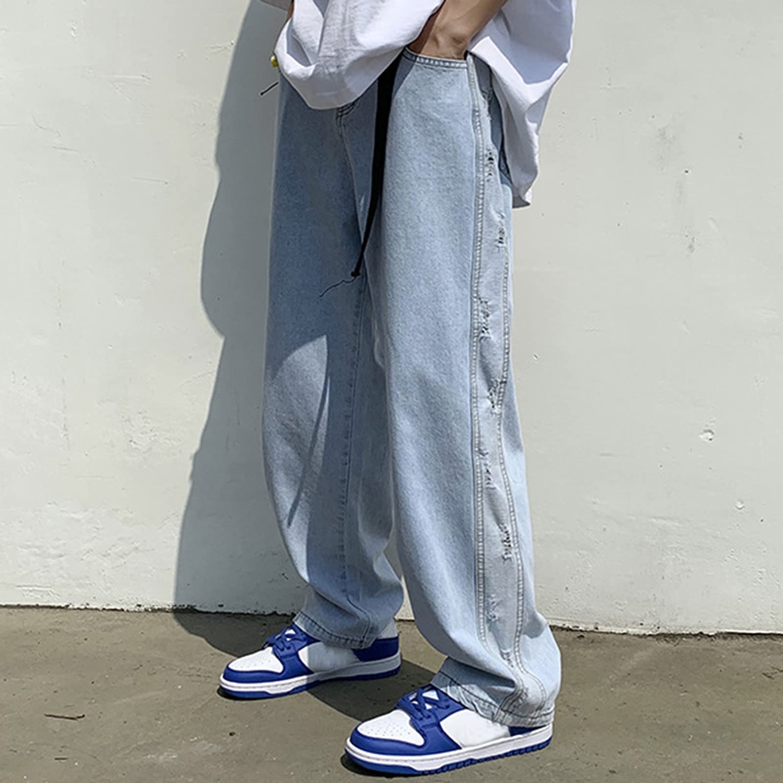 Men's Loose Fit Wide Leg Jeans - Plus Size Light Blue Denim Pants for Street Fashion | Casual Wear & Everyday Comfort