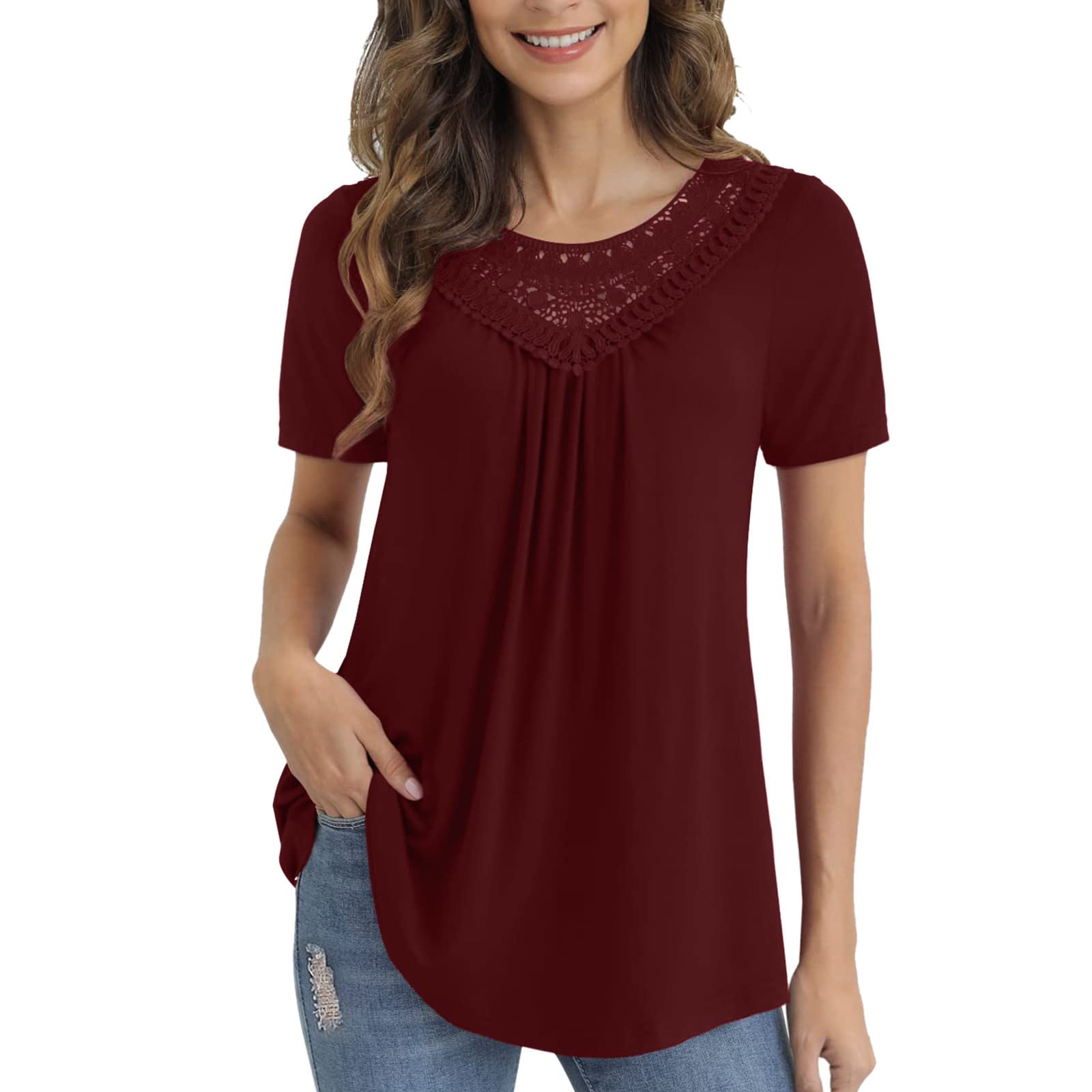 Lace Women's Summer Casual Tunic Blouse - Flowy Short Sleeve T-Shirt Top (Wine, XXXL) for Beach, Vacation & Everyday Wear