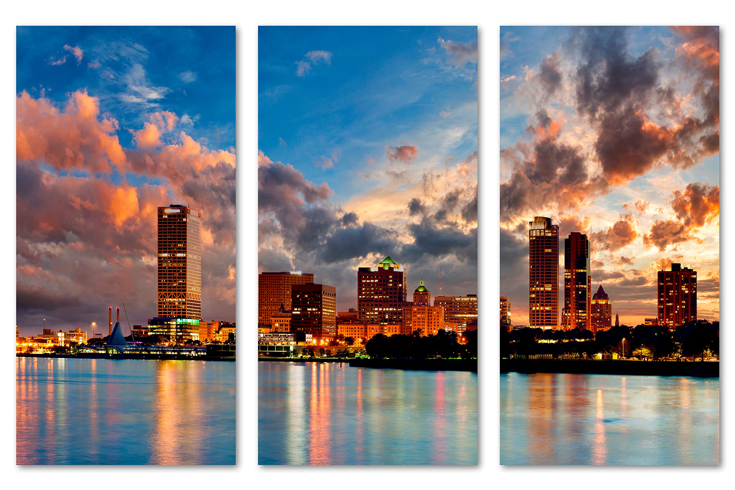 48x32 Milwaukee Skyline Wall Art Canvas Print - 3 Panel Split Wisconsin Cityscape Decor for Living Room, Office & Bedroom