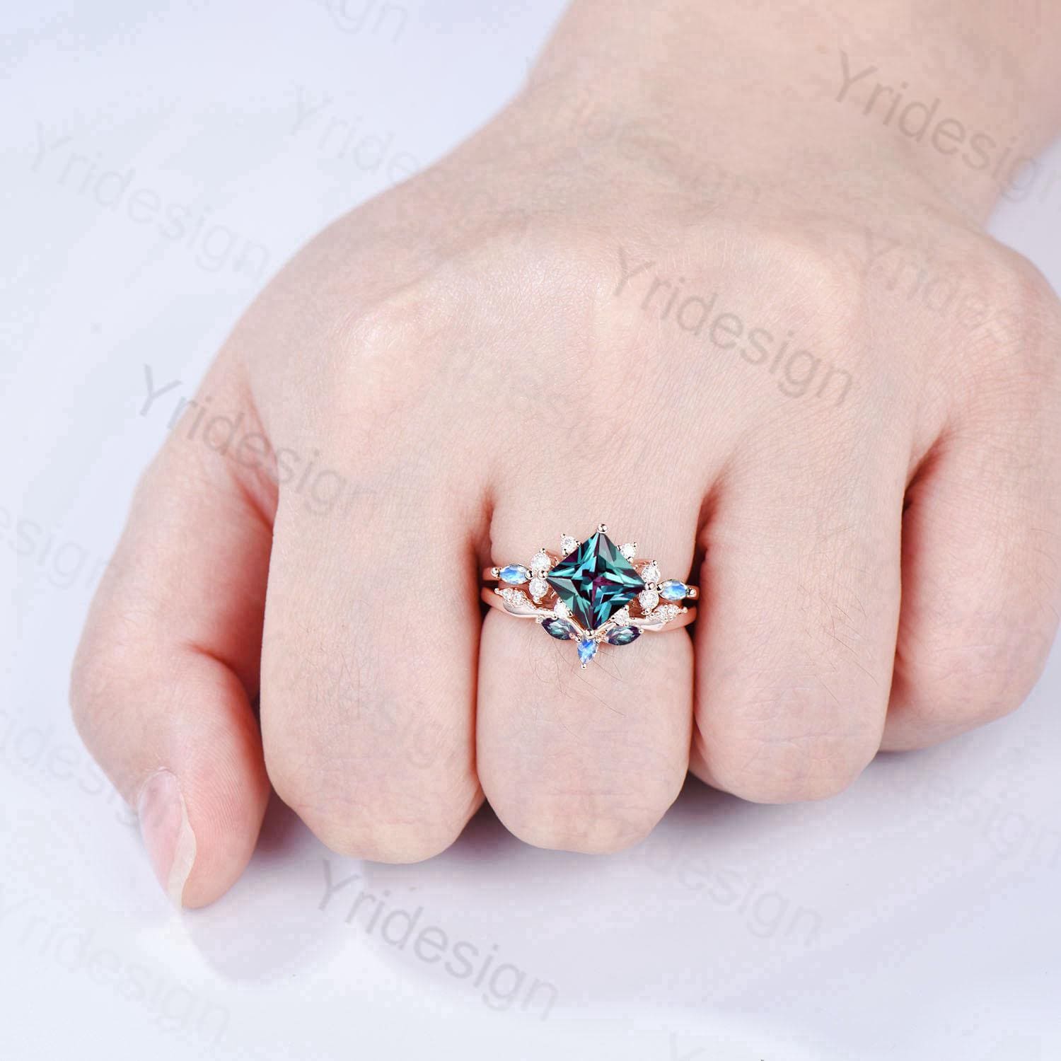 2CT Princess Cut Alexandrite & Moonstone Engagement Ring Set - 14K Rose Gold Bridal Jewelry for June Birthstone, Wedding & Anniversary Gifts (2-Piece Cluster Design)