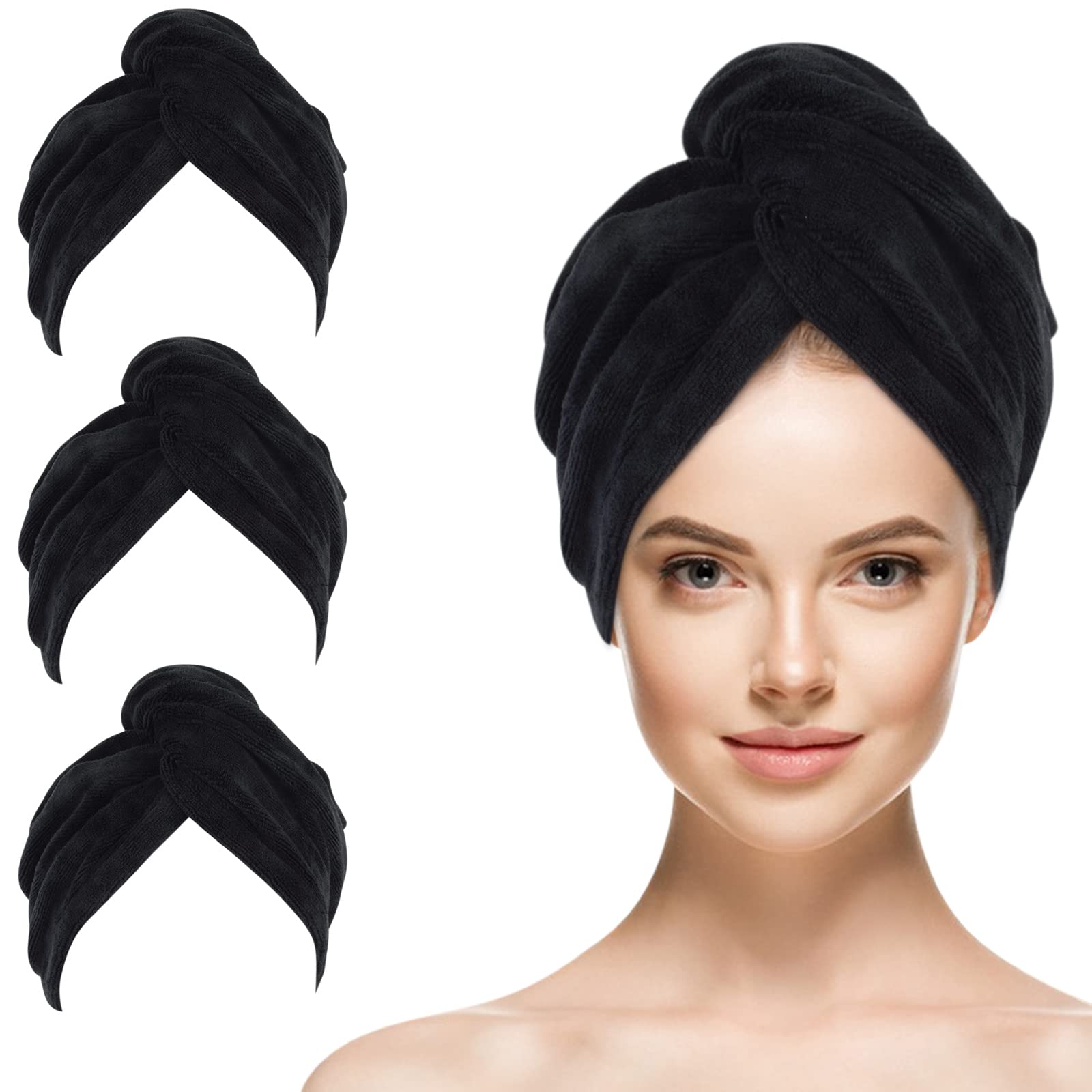 **SINLAND Microfiber Hair Drying Towel Cap - Super Absorbent, Fast Drying, Soft & Lightweight Hair Turban for Women (3 Pack, Black) - Perfect for Showers, Salons & Travel**