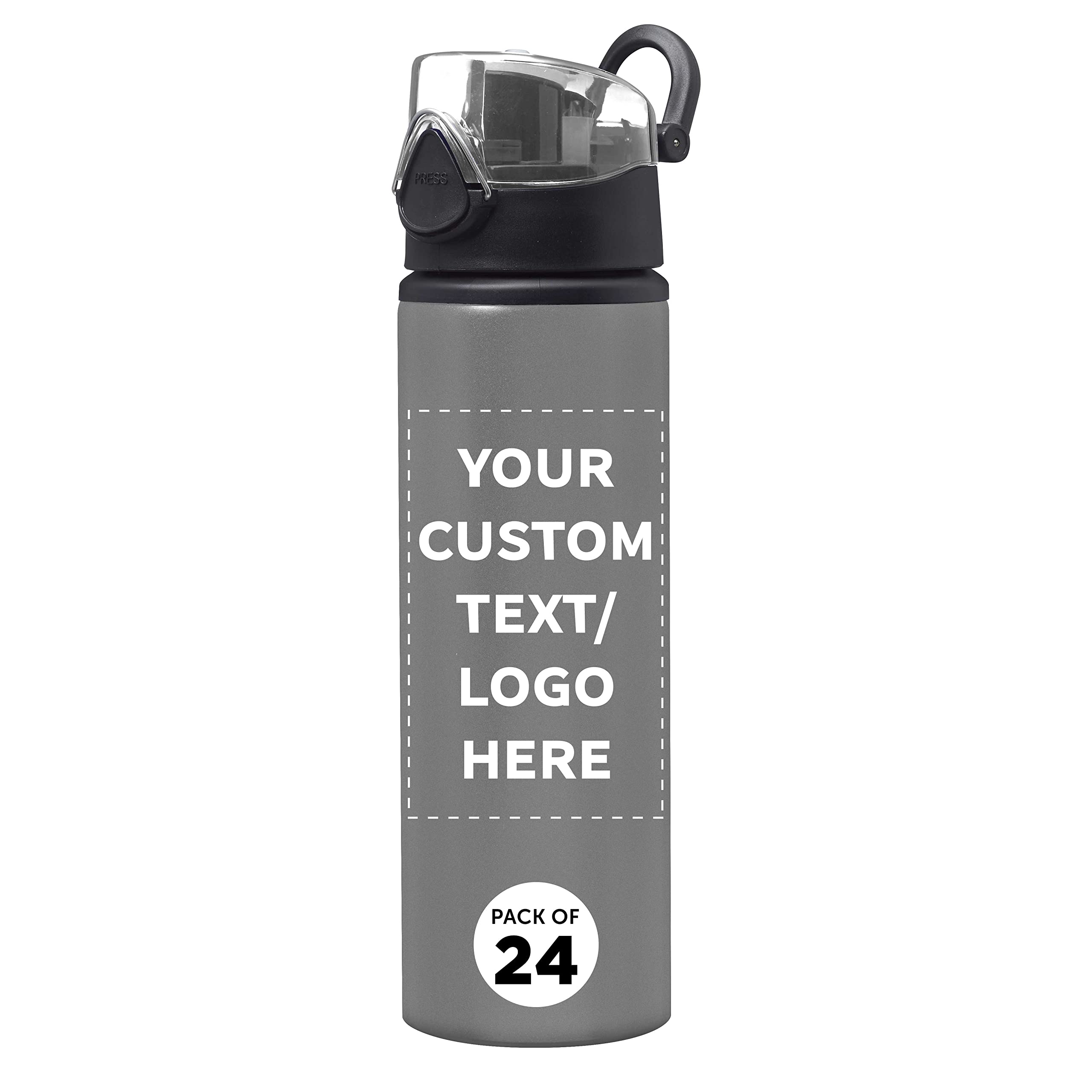 Custom 25 oz Aluminum Water Bottles with Carabiner - Bulk Pack of 24, Personalized & Refillable - Ideal for Gym, Hiking, Cycling, School - Silver - Perfect for Corporate Gifts, Team Events & Outdoor Adventures