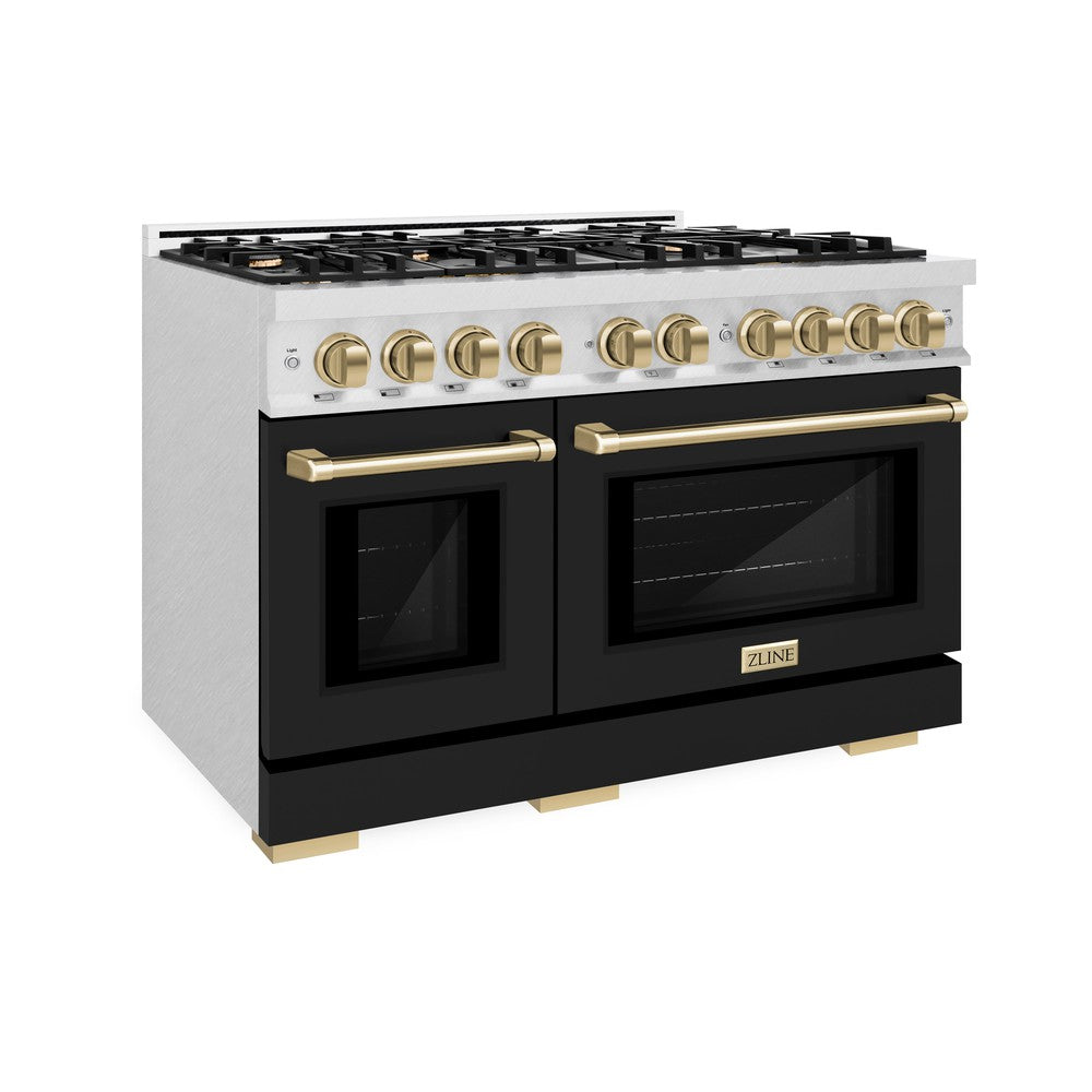 ZLINE Autograph Edition 48-Inch 6.7 cu. ft. Professional Double Oven Gas Range with 8-Burner Cooktop - Satin Stainless Steel, Black Matte Doors & Champagne Bronze Accents (HGRSZ BLM 48 CB) - Ideal for Gourmet Cooking, Large Family Meals & Modern Kitchen Design