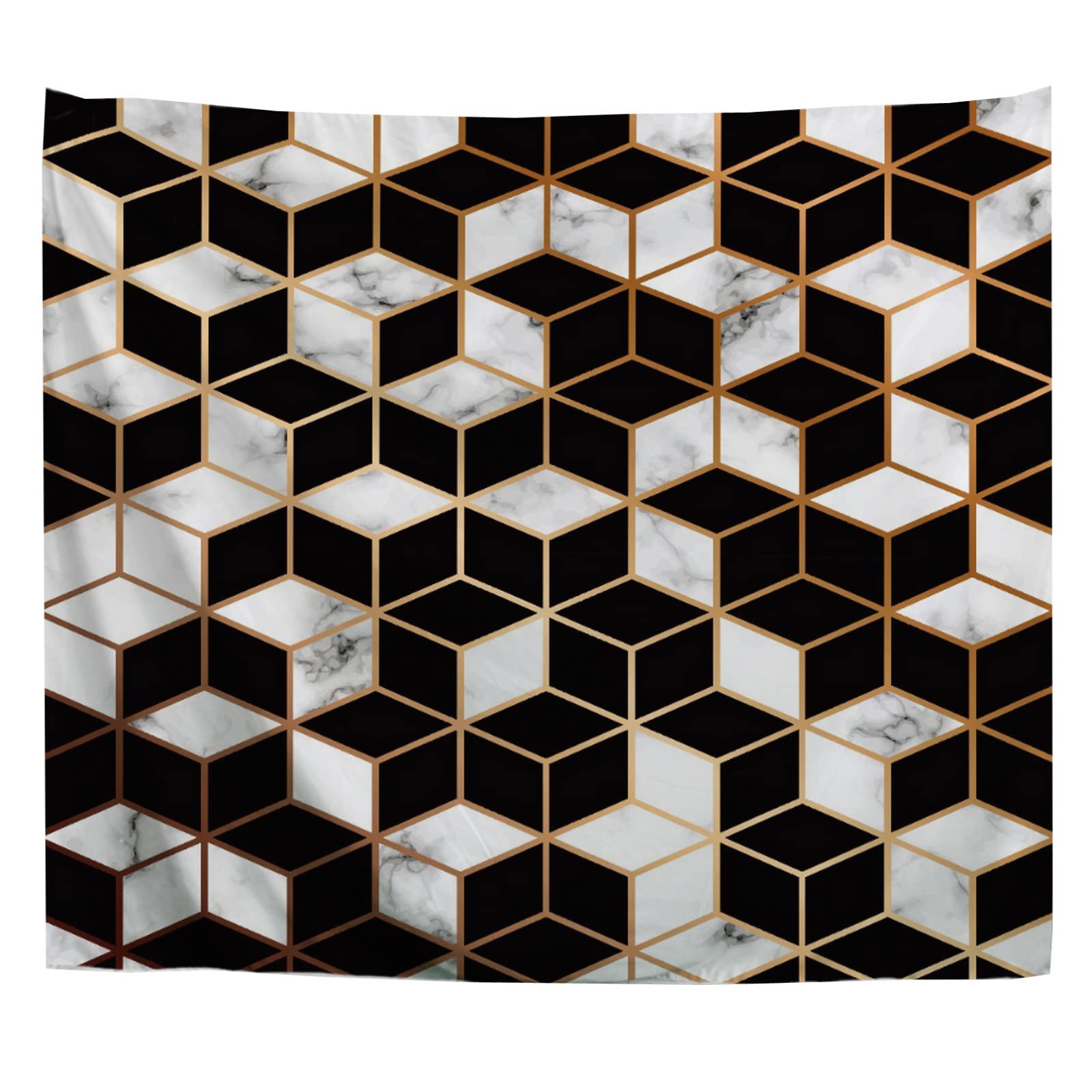 Marble Texture Tapestry with Golden Geometric Lines & Cubes - A.Monamour Fabric Wall Hanging Decor for Bedroom, Living Room, Dorm (60x80 inches) | Boho Chic Home Decor, Accent Wall Mural & Stylish Room Divider