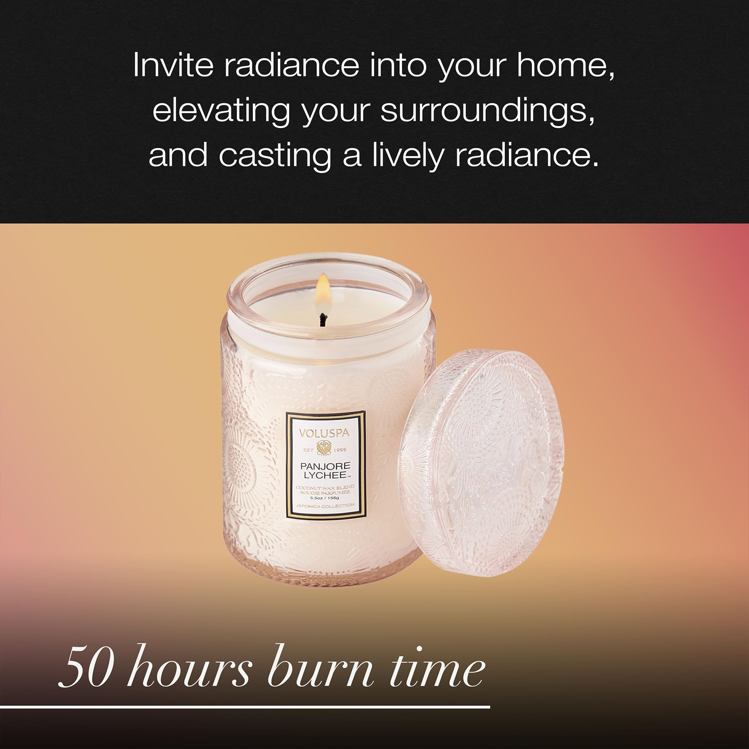 Voluspa Panjore Lychee Scented Candle - 5.5 oz Coconut Wax Jar Candle, 50 Hour Burn Time, Handcrafted in USA | Clean Burning, Home Decor, Romantic Ambiance, Spa Relaxation Gift
