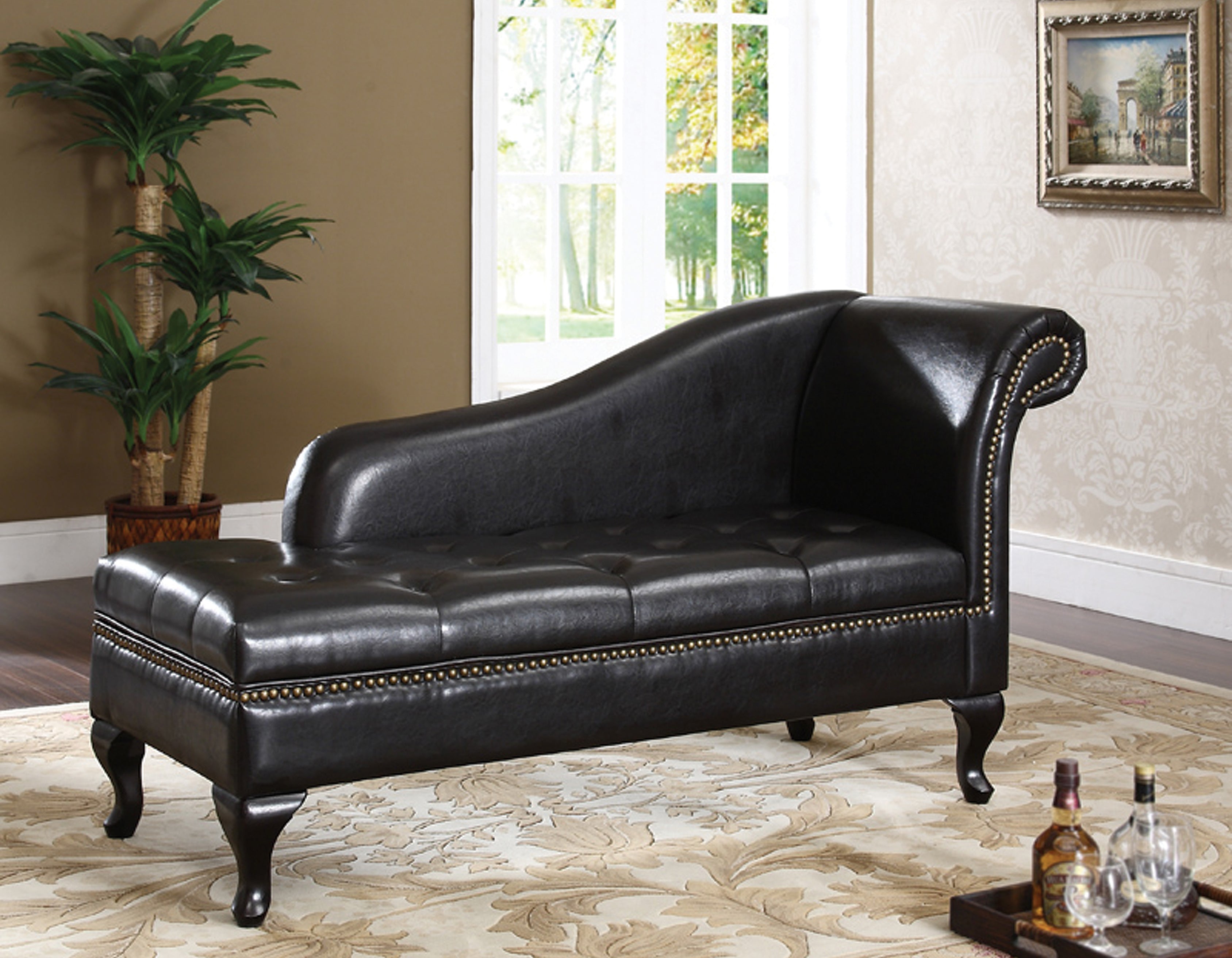 Modern Chaise Lounge with Storage - Espresso Brown Upholstered Living Room Furniture for Small Spaces, Home Office or Bedroom