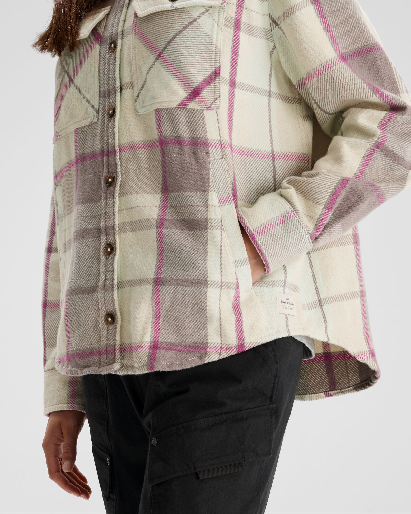 Women's Huntly Long Sleeve Plaid Shirt - Soft Flannel Button Down Top with Mushroom Print for Fall & Winter, Perfect for Cabin Retreats, Camping and Outdoor Adventures
