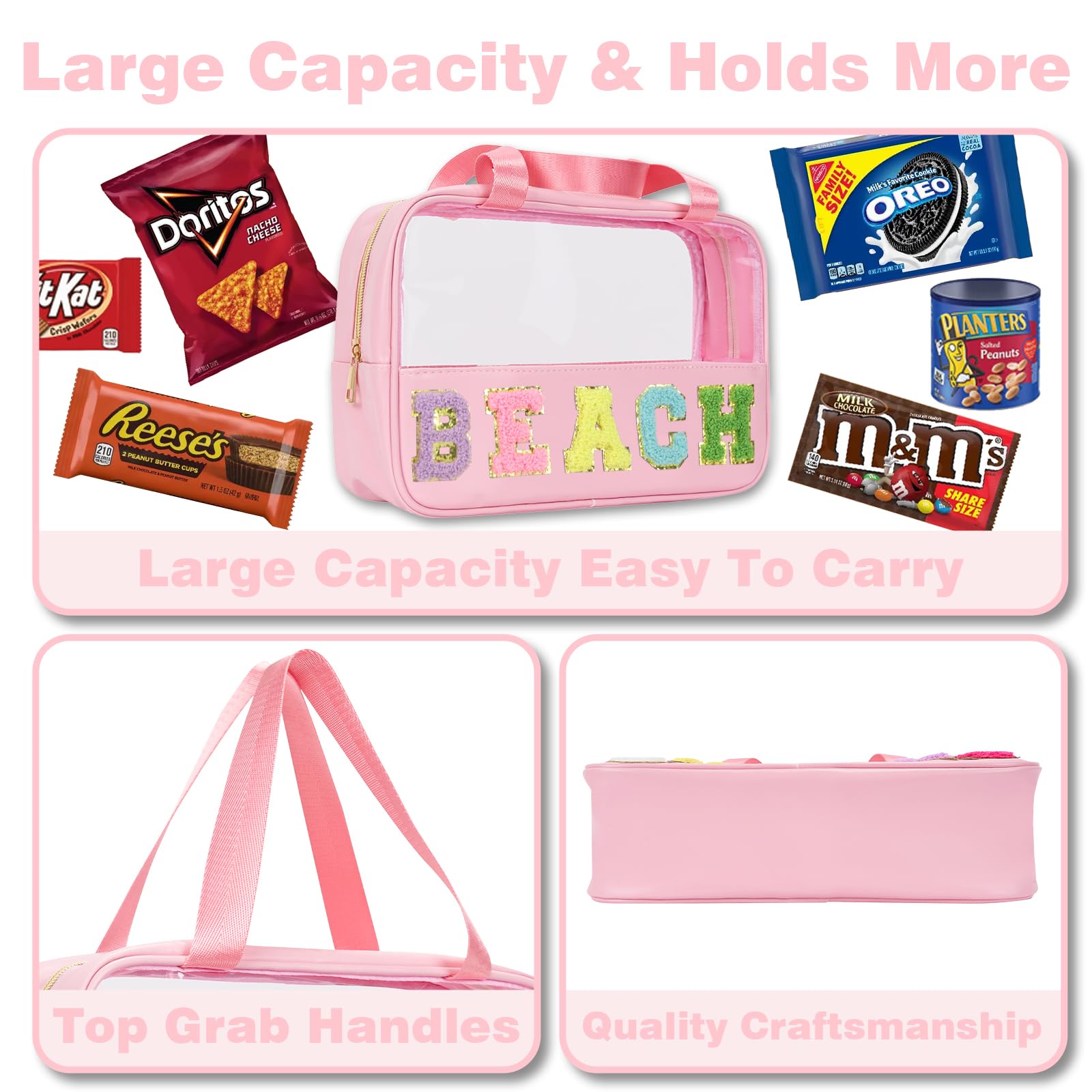 Chenille Letter Clear Beach Bag - Travel Toiletry Pouch for Sunscreen & Cosmetics (Rose) - Perfect for Vacation & Pool Days