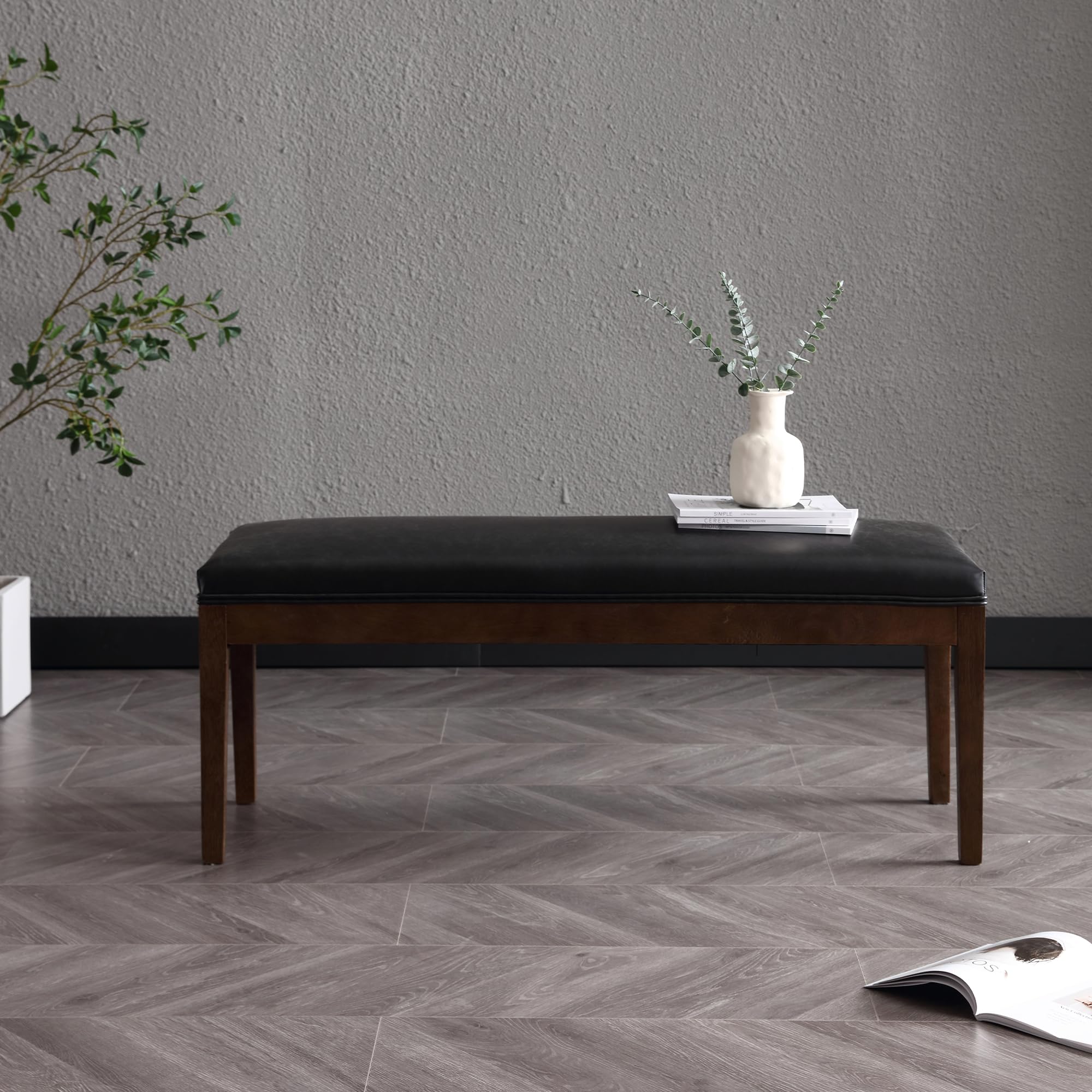 Modern Upholstered Entryway Bench with Wood Legs - PU Leather Shoe Bench for Hallway, Porch, Bedroom, Dining Room - Perfect for Entry Storage, Bed End Seating & Kitchen Window Decor (Black)