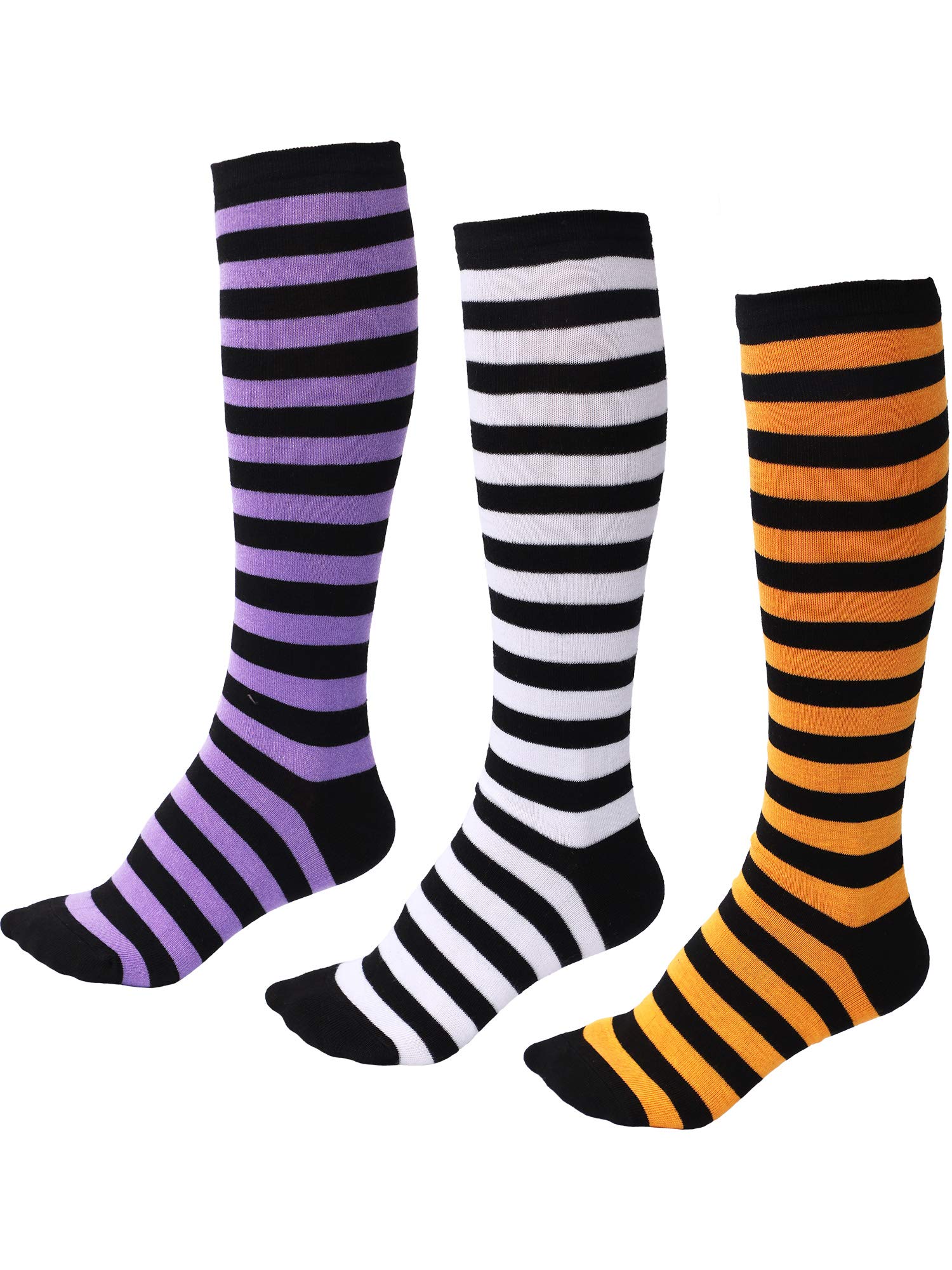 Tatuo 3 Pairs Halloween Striped Knee High Socks for Women & Girls - Witch Costume Accessories (Orange/Black, Purple/Black, Black/White) - Perfect for Halloween Parties, Cosplay & Themed Events