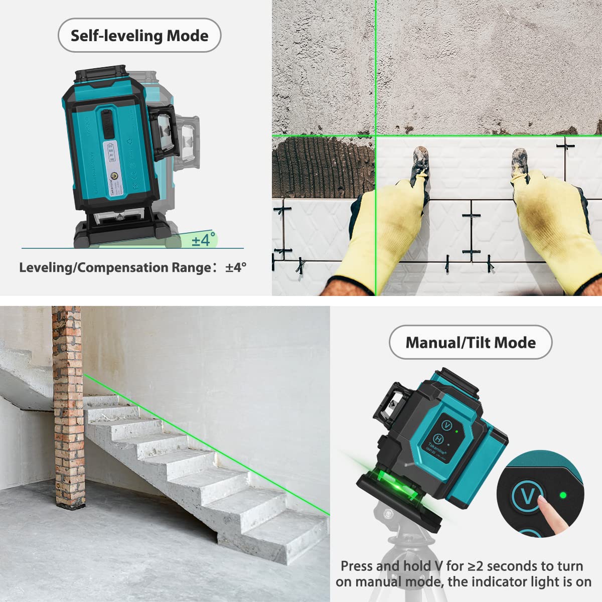 Takamine 3x360° 12 Lines Self-Leveling Floor Green Laser Level - Professional Laser Level for Construction, Picture Hanging, Floor & Tile Installation - Includes Remote Controller, Magnetic Rotating Stand & USB-C Charger - Perfect for DIY Projects, Home Renovation & Professional Contractors