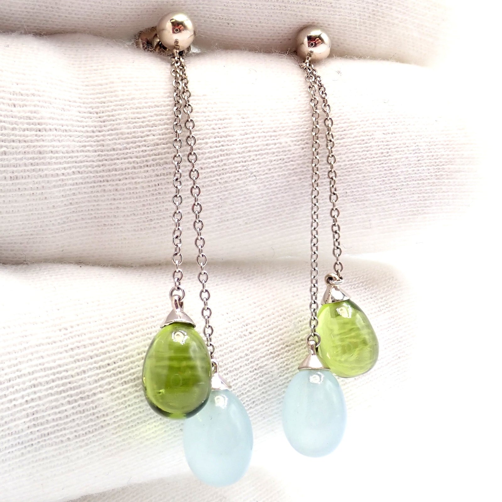Authentic Tiffany & Co 18K White Gold Rainbow Drop Peridot Chalcedony Earrings for Women | Elegant Gemstone Dangle Earrings for Parties, Weddings & Special Occasions