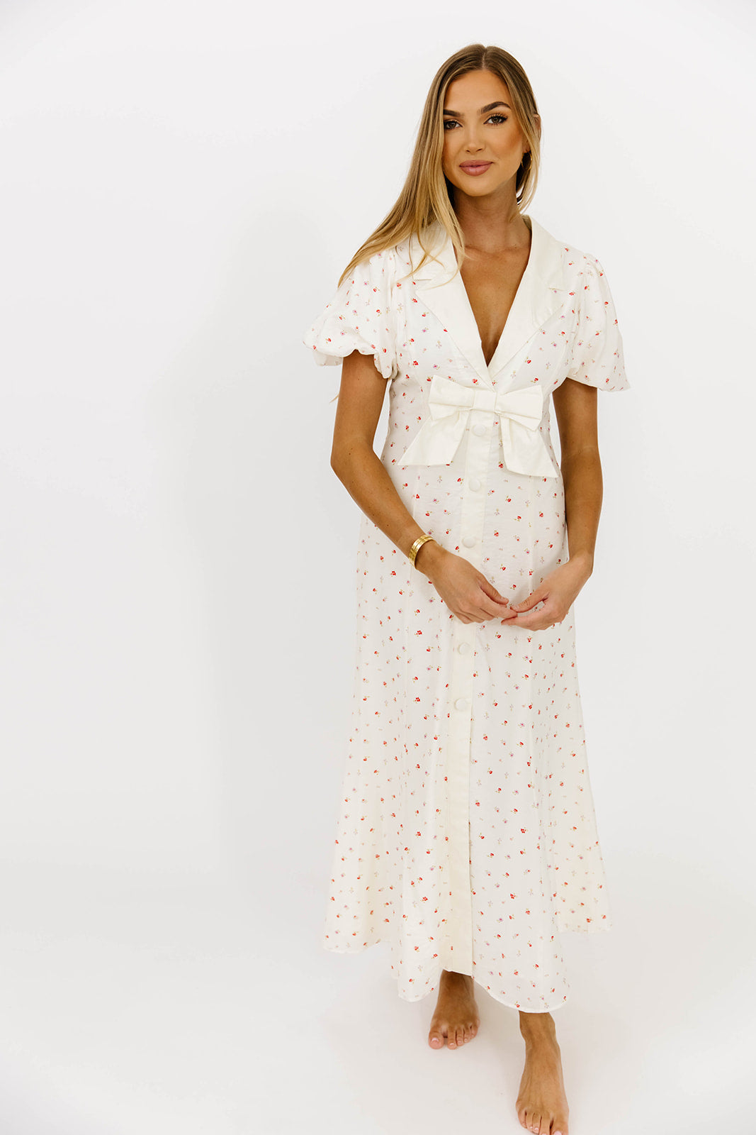 Florian Puff Sleeve Bow Front Collar Midi Dress - Elegant Cream Floral Print Summer Dress for Women | Perfect for Weddings, Garden Parties & Date Nights