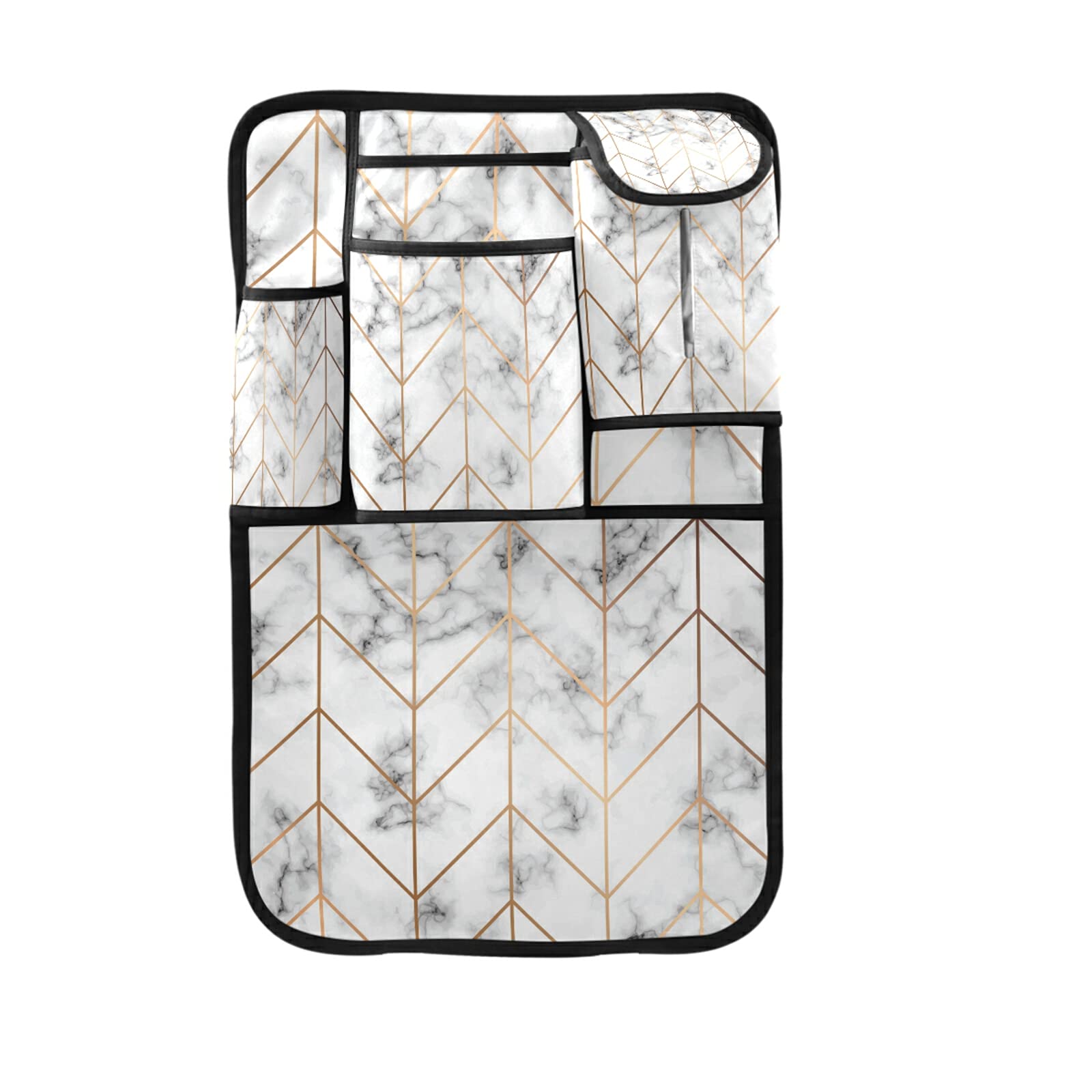 Luxury Black & White Marble Car Seat Back Protector with Golden Geometric Lines - 5-Pocket Multifunctional Kick Mat & Tablet Holder - Backseat Organizer for Phones, Cups & Accessories - Perfect for SUVs, Sedans & Family Cars