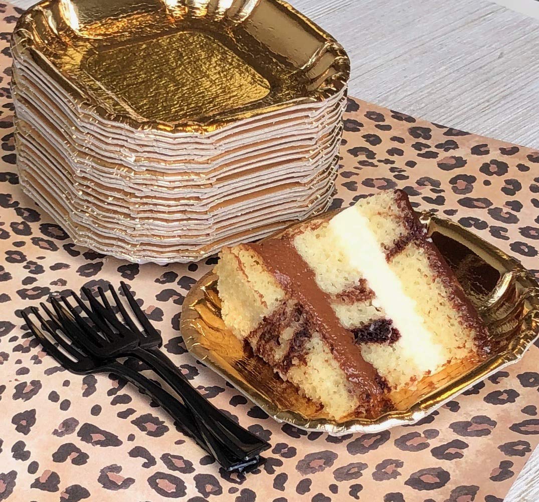 Premium Gold Foil Mini Dessert Plates 4x4 Inches - Elegant Appetizer & Charcuterie Plates for Valentine's Day, Weddings, Parties - Heavyweight Disposable Tableware - 50 Pack - Perfect for Cocktail Receptions, Bridal Showers & Dessert Displays