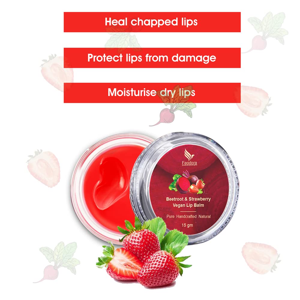 Feodora NATURAL Vegan Lip Balm with Strawberry & Beetroot Extract - 100% Pure Handcrafted, 15g - Hydrating & Nourishing for Dry, Chapped Lips - Perfect for Winter, Outdoor Activities & Daily Care