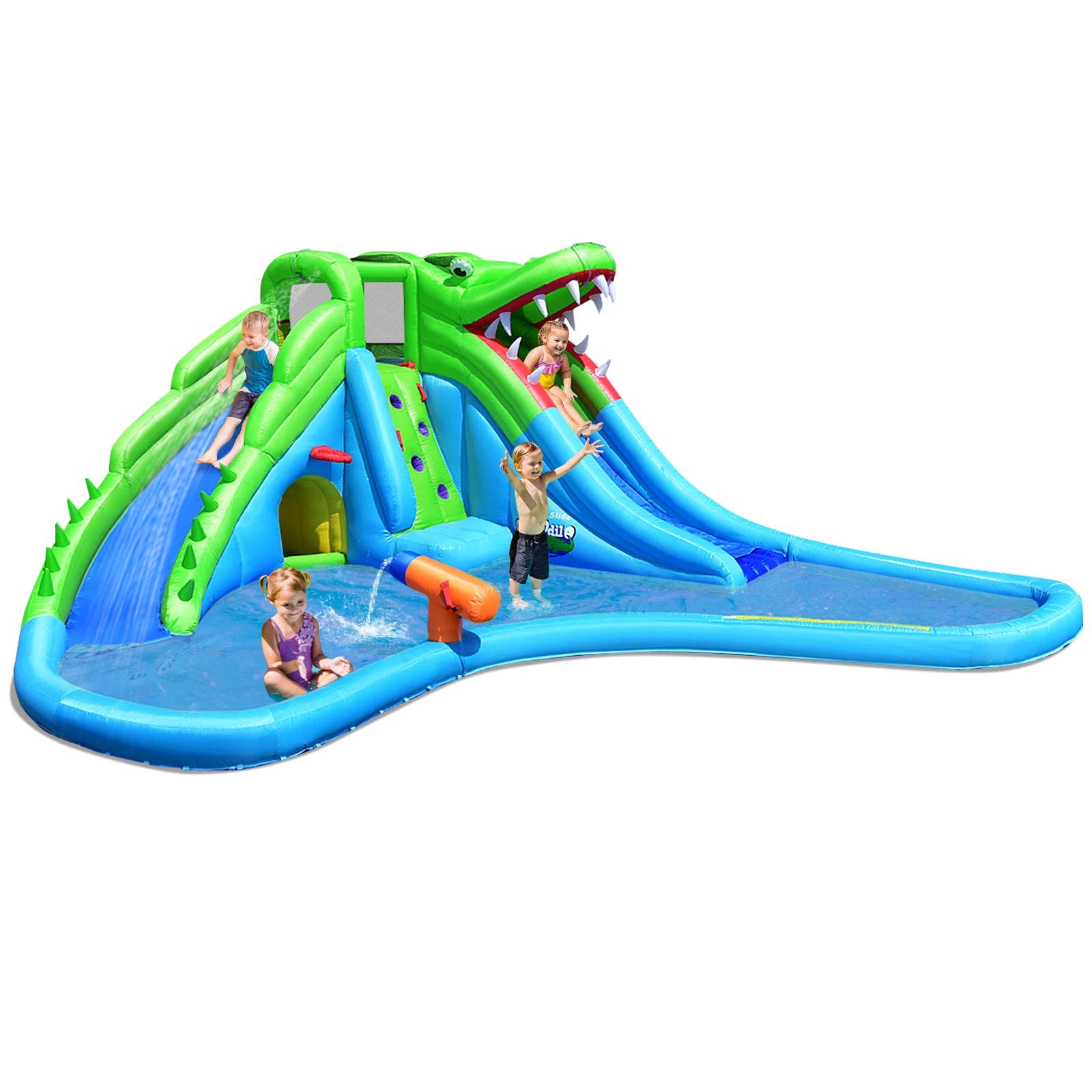 **HONEY JOY 7-in-1 Inflatable Water Slides for Kids - Crocodile Splash & Slide Water Park with Climbing Wall, Long Slide, Crawl Tunnel & Splash Pool - Outdoor Blow Up Water Park for Backyard (Blower Not Included) - Perfect for Summer Parties, Family Fun & Backyard Adventures**