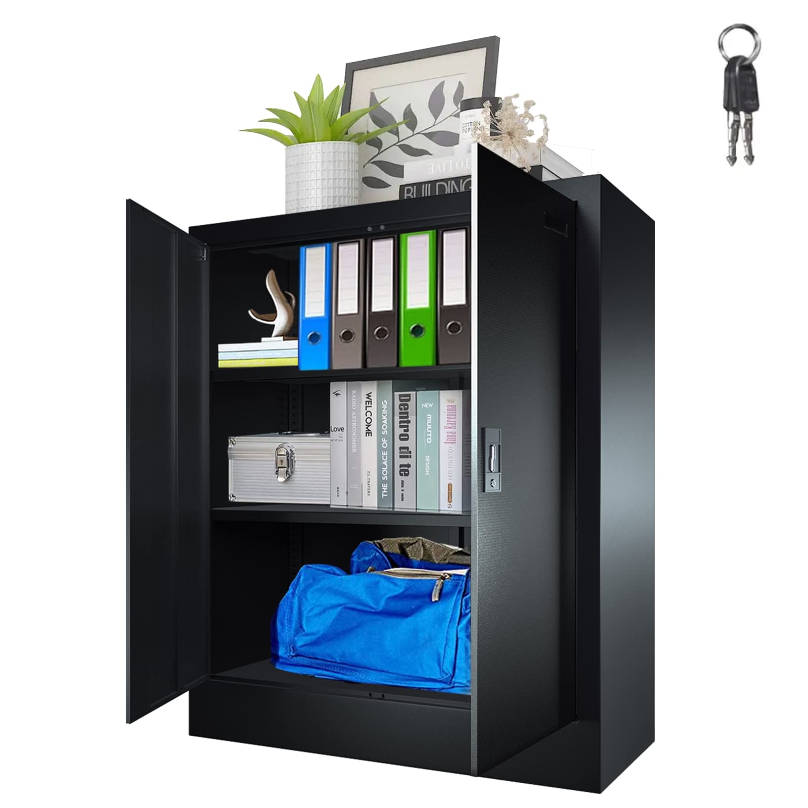 42-Inch Lockable Metal Garage Cabinet - Heavy Duty Steel Storage Cabinet with Adjustable Shelves & Doors for Garage, Office, Pantry, Warehouse - Black Storage Organizer for Tools, Supplies & Home Essentials