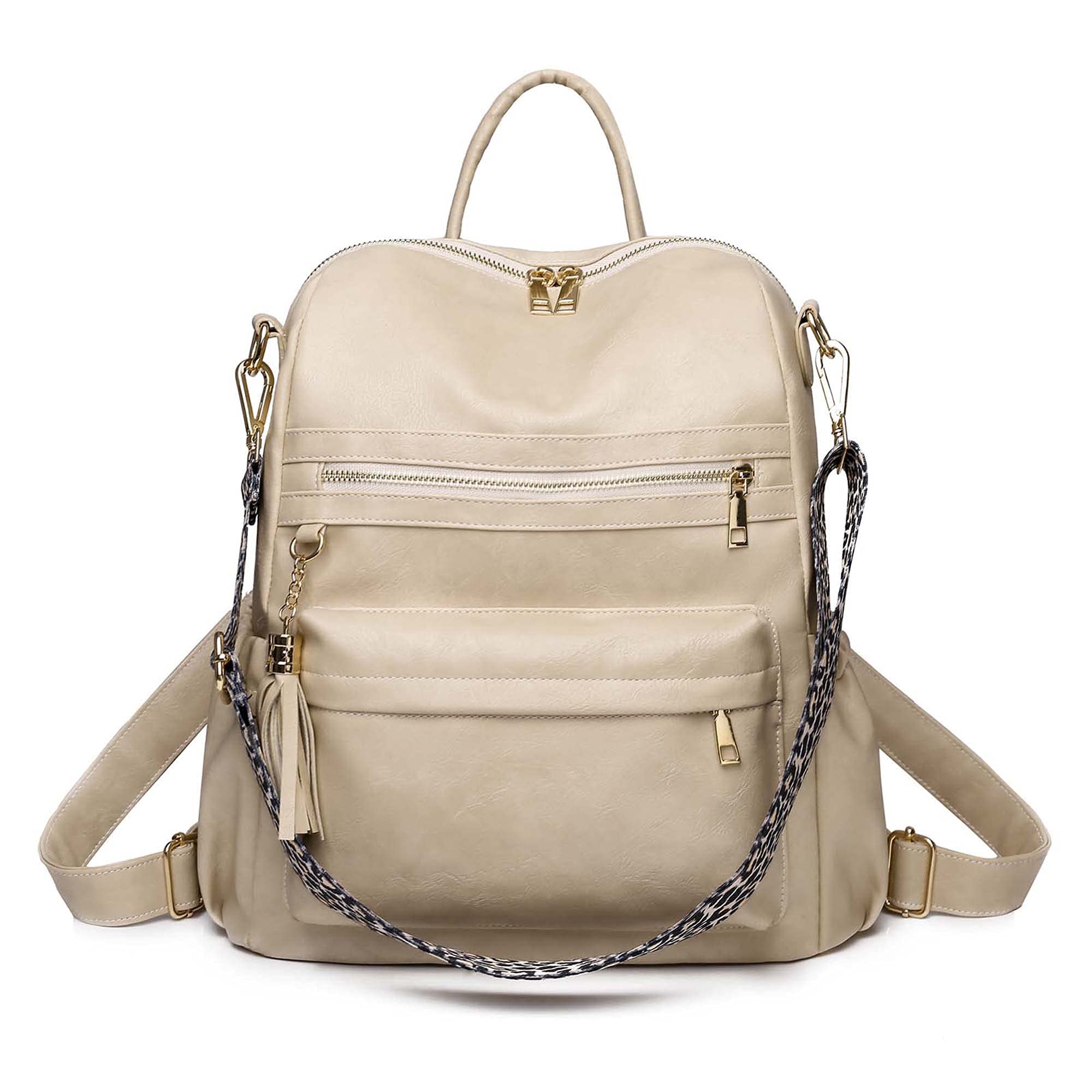 Blireana Convertible Backpack Purse for Women - Multipurpose PU Leather Shoulder Bag with Tassel & Light Gold Hardware (Beige) - Perfect for Work, Travel & Everyday Use