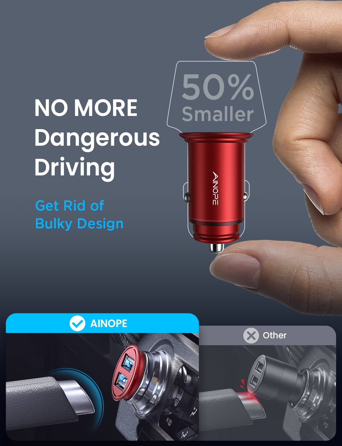 AINOPE 2-Pack 4.8A Fast Mini USB Car Charger Adapter - Dual Port Metal Cigarette Lighter Charger for iPhone 16/15/14/13/12 Pro Max/8 Plus/XR, Samsung Galaxy S24/S23/S10, iPad - Perfect for Road Trips & Daily Commuting