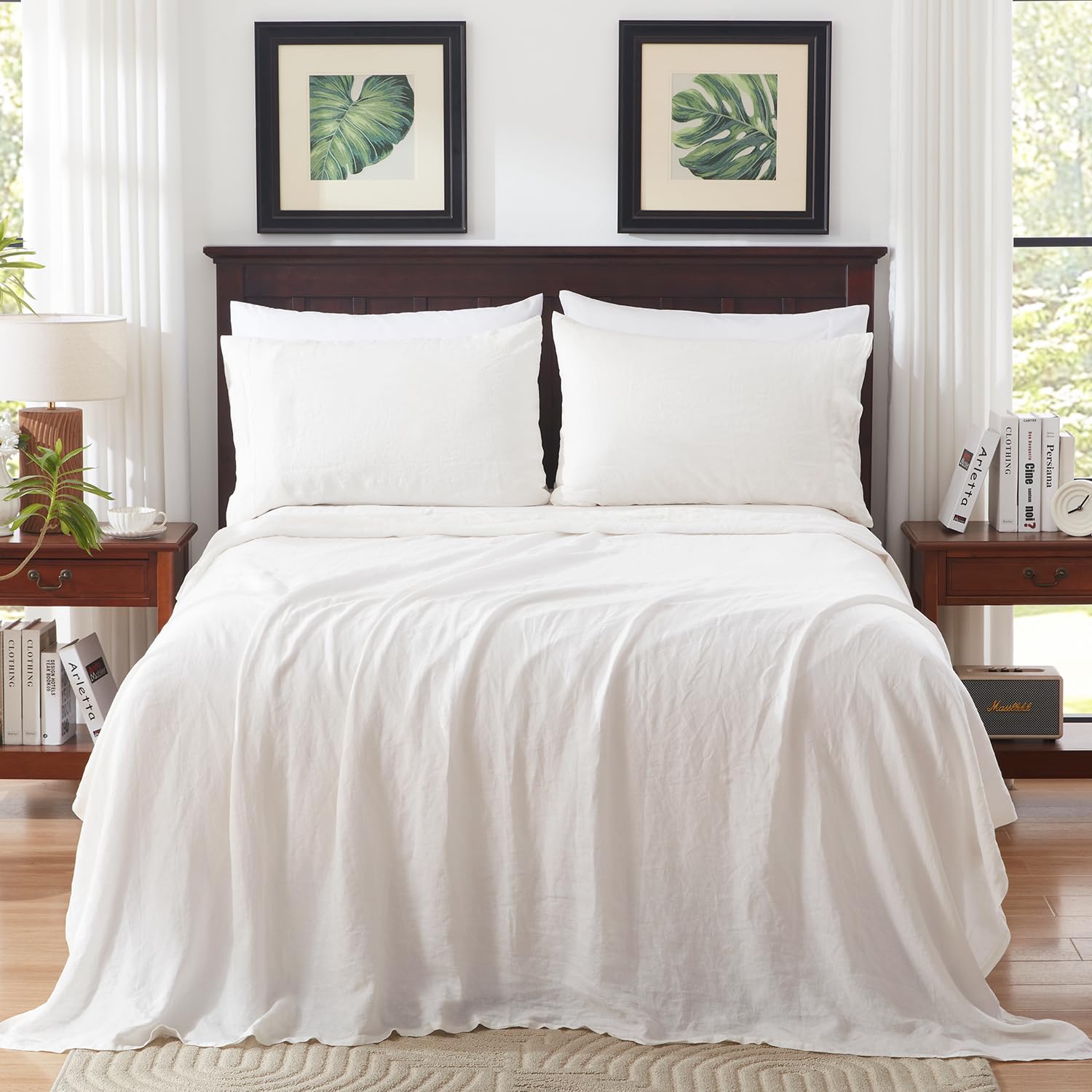 Premium 100% French Flax Linen Bedding Set - Queen Size 4pc (Flat Sheet, Fitted Sheet & 2 Pillowcases) | Natural Breathable & Soft Off White Linen Sheets for Comfortable Sleep | Perfect for Bedroom, Guest Room & Vacation Homes