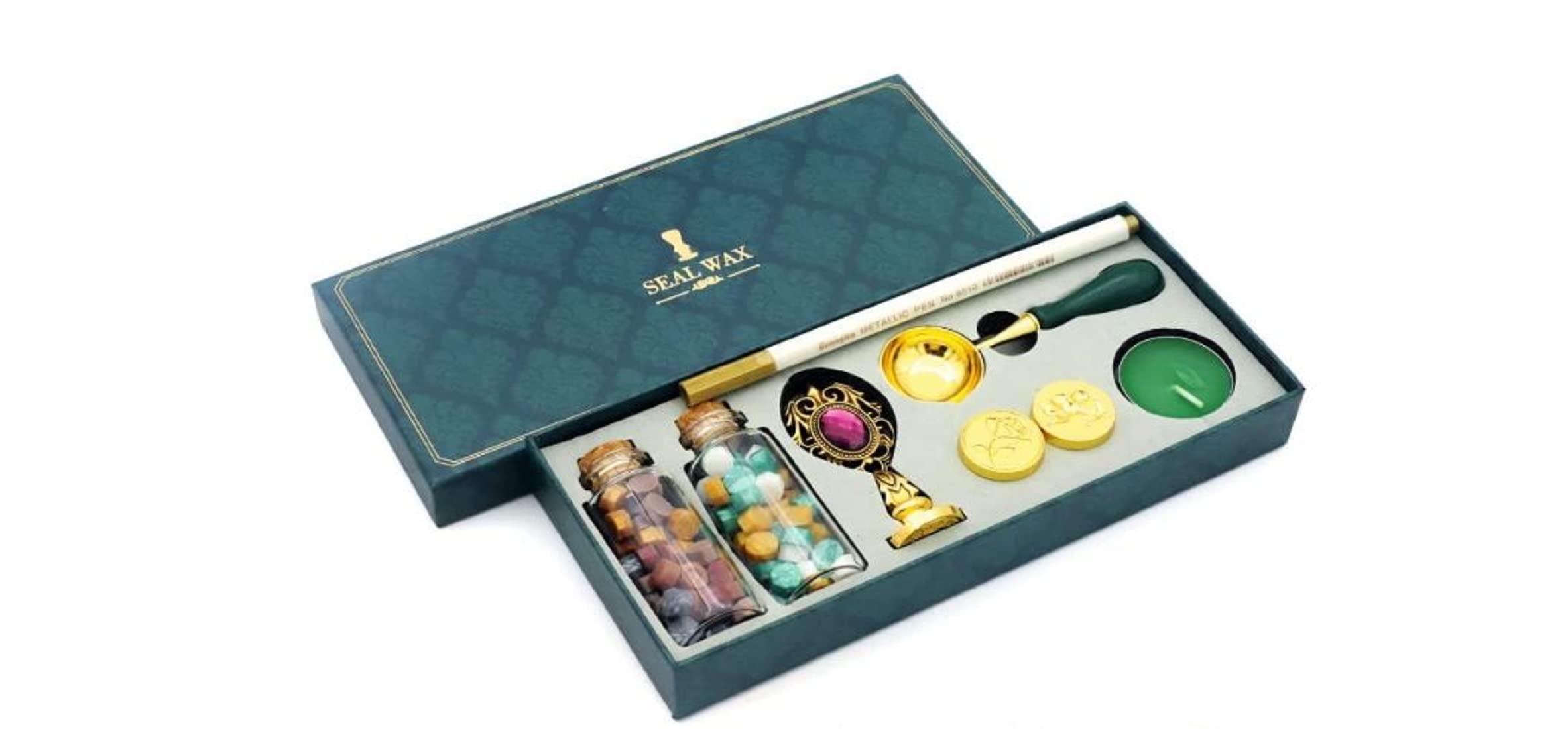 HEEPI Wax Seal Stamp Kit with Sealing Wax Beads, Candles, Melting Spoon & Wooden Handle - Romantic Love Design for DIY Crafts, Wedding Invitations, Gift Wrapping & Calligraphy Projects