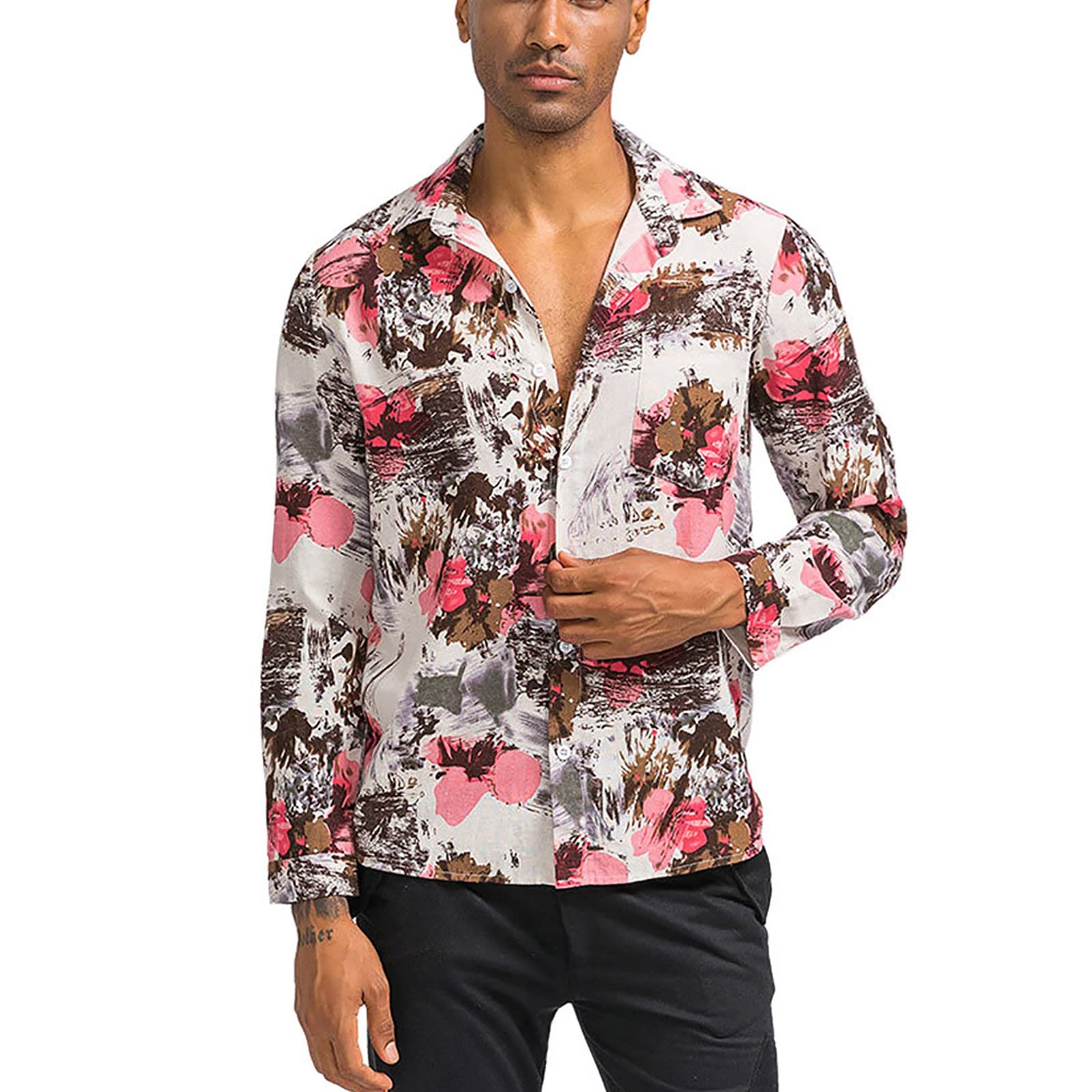 Vintage Floral Print Long Sleeve Loose Fit Graphic T-Shirt for Men - Ethnic Style Designer Shirt for Casual Wear, Street Fashion & Boho Outfits