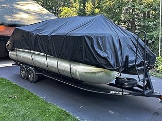 Tuszom True 900D Heavy-Duty Waterproof Pontoon Boat Cover - 17-20ft Trailerable & Mooring Cover with Motor Protection, 12+4 Windproof Straps, Solution-Dyed Tear-Resistant Fabric - Perfect for Outdoor Storage, Marina Use & Boat Protection During Transport