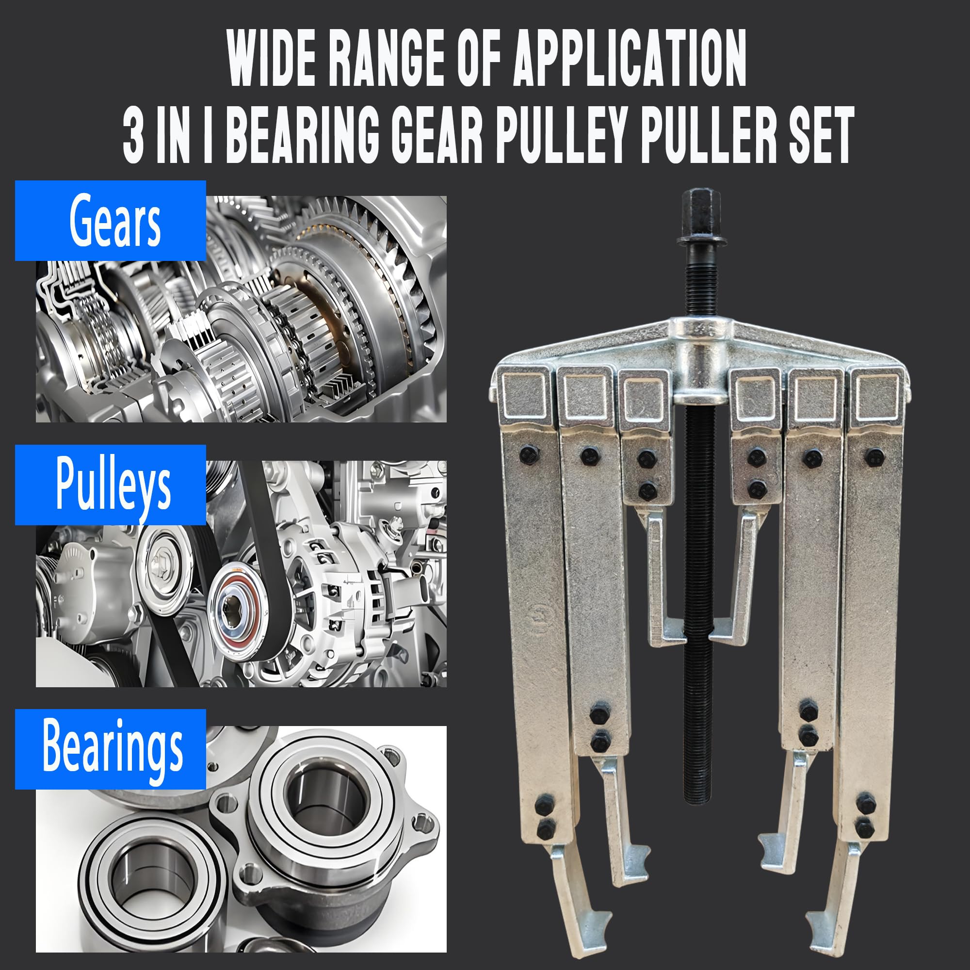 3 in 1 Heavy Duty Bearing/Pulley Puller Kit - Cr-V Steel Gear Puller Tool for Bearing, Gear, Pulley & Flywheel Removal - Professional Automotive Repair Tool for Mechanics & DIY Enthusiasts