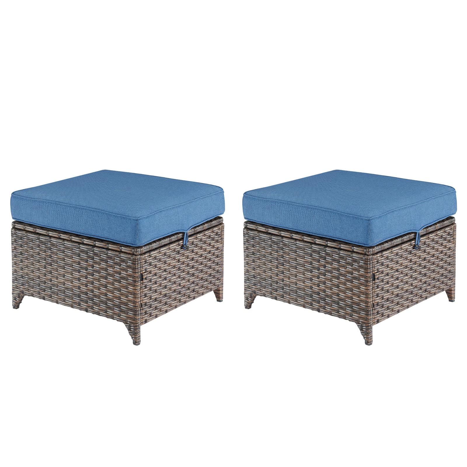 Heavy Duty Outdoor Wicker Ottomans - Weather-Resistant Rattan Footrest Stool for Porch, Balcony, Backyard, Deck & Apartment (Brown/Blue) - Perfect for Relaxing, Reading & Outdoor Entertaining