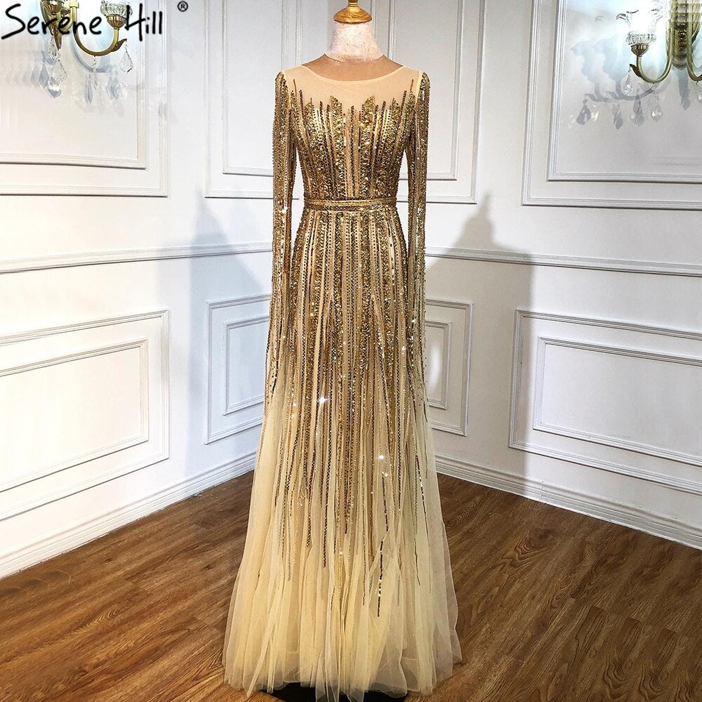 Serene Hill Luxury Gold Beaded A-Line Cape Sleeves Evening Gown for Women - Formal Dress LA70637 | Perfect for Prom, Gala & Wedding Events