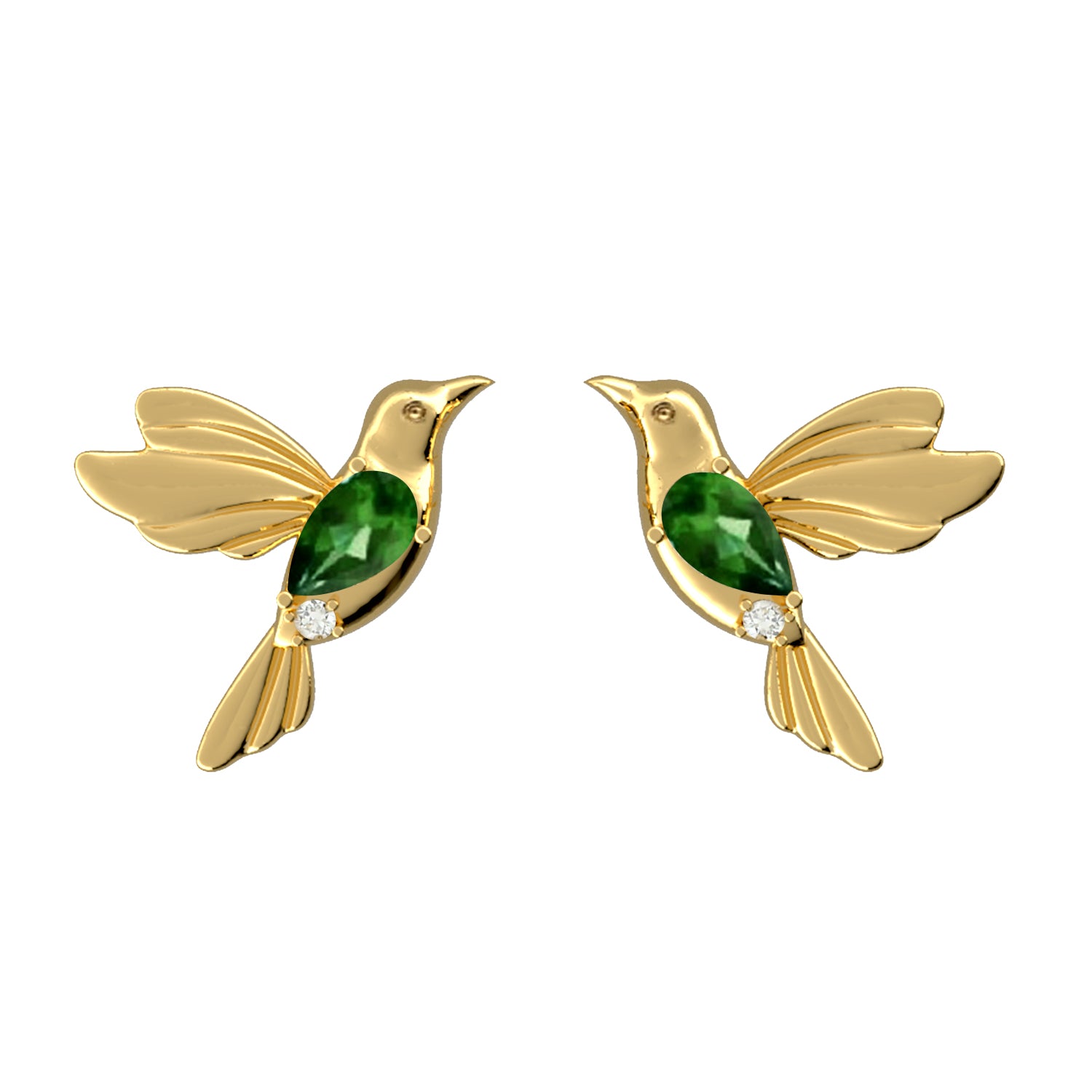 14K Yellow Gold Pear Cut Tsavorite Pave Diamond Hummingbird Earrings - Elegant Dangle Earrings for Women, Perfect for Weddings, Parties & Special Occasions