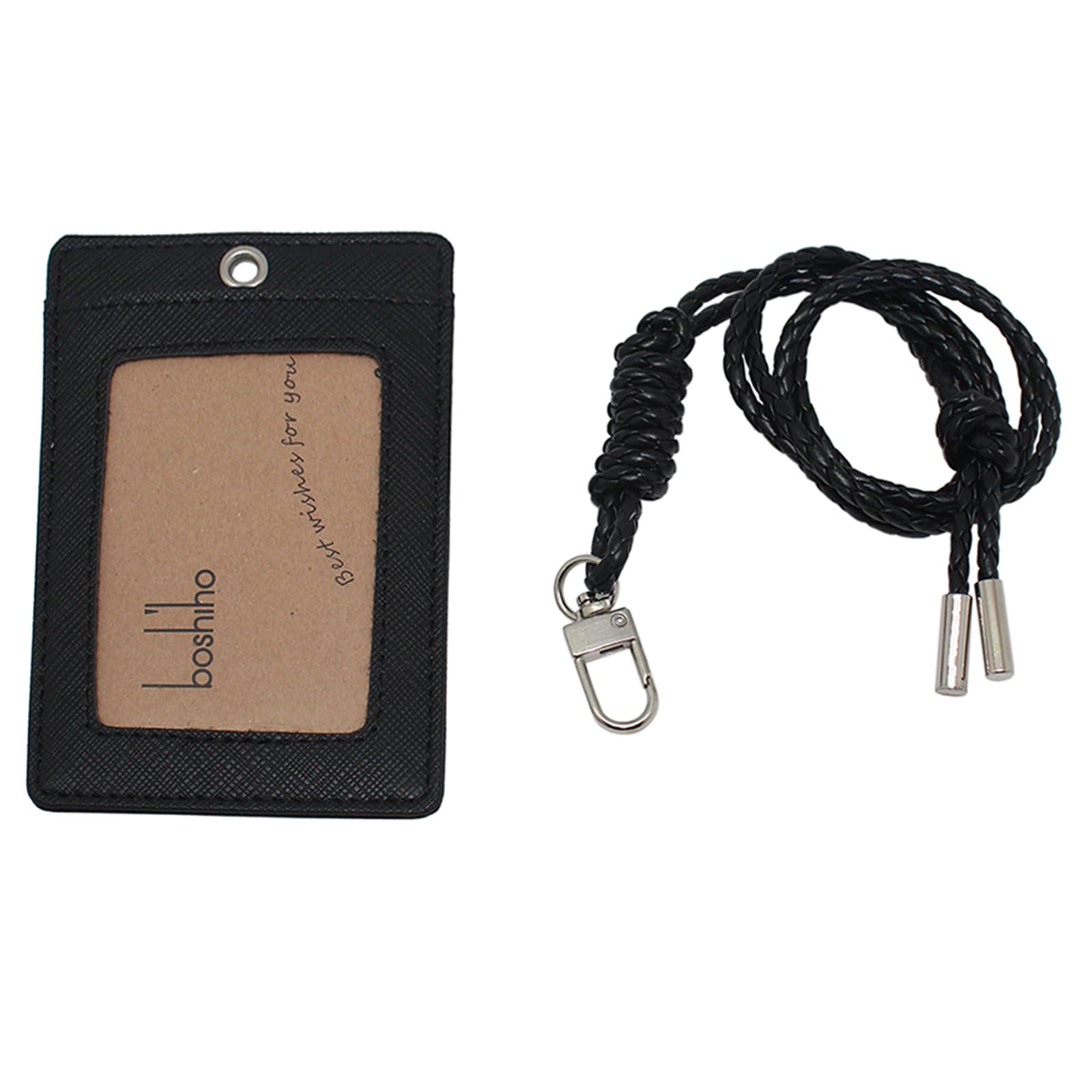 Boshiho Vertical Leather ID Badge Holder with Heavy Duty Lanyard - Black | Professional Security Card Holder for Work, Events & Conferences