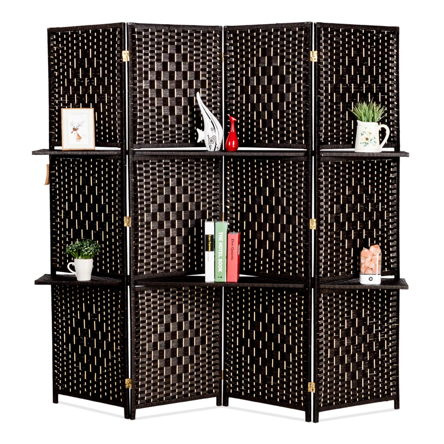 Bonnlo 6FT Tall Heavy Duty Rattan Room Divider Screen with 2 Shelves - 4 Panel Folding Partition Wall for Home Office & Living Room - Indoor Privacy Screen with Dual-Sided Hinges for Space Separation & Decor