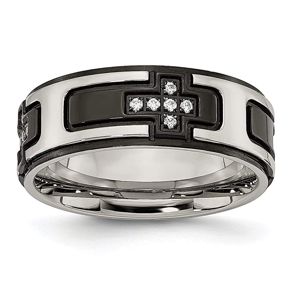 ICE CARATS Stainless Steel Black Plated Cubic Zirconia CZ Cross Religious 8mm Wedding Ring Band - Elegant Fashion Jewelry for Women, Perfect Gift for Her, Ideal for Weddings, Anniversaries & Special Occasions