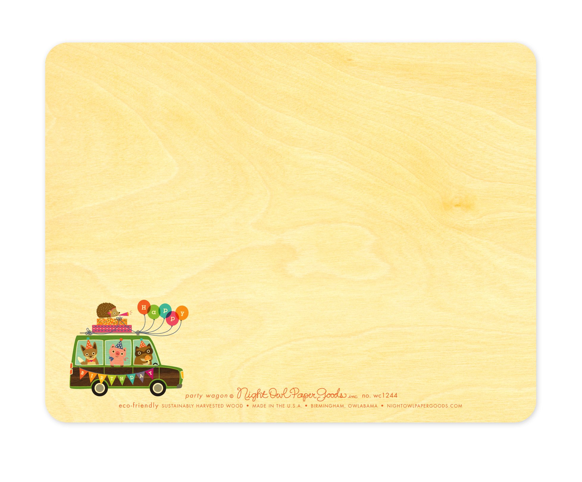 Night Owl Paper Goods Party Wagon Wood Birthday Card - Handmade Wooden Greeting Card for Birthdays, Anniversaries & Special Occasions - Perfect Gift for Friends & Family