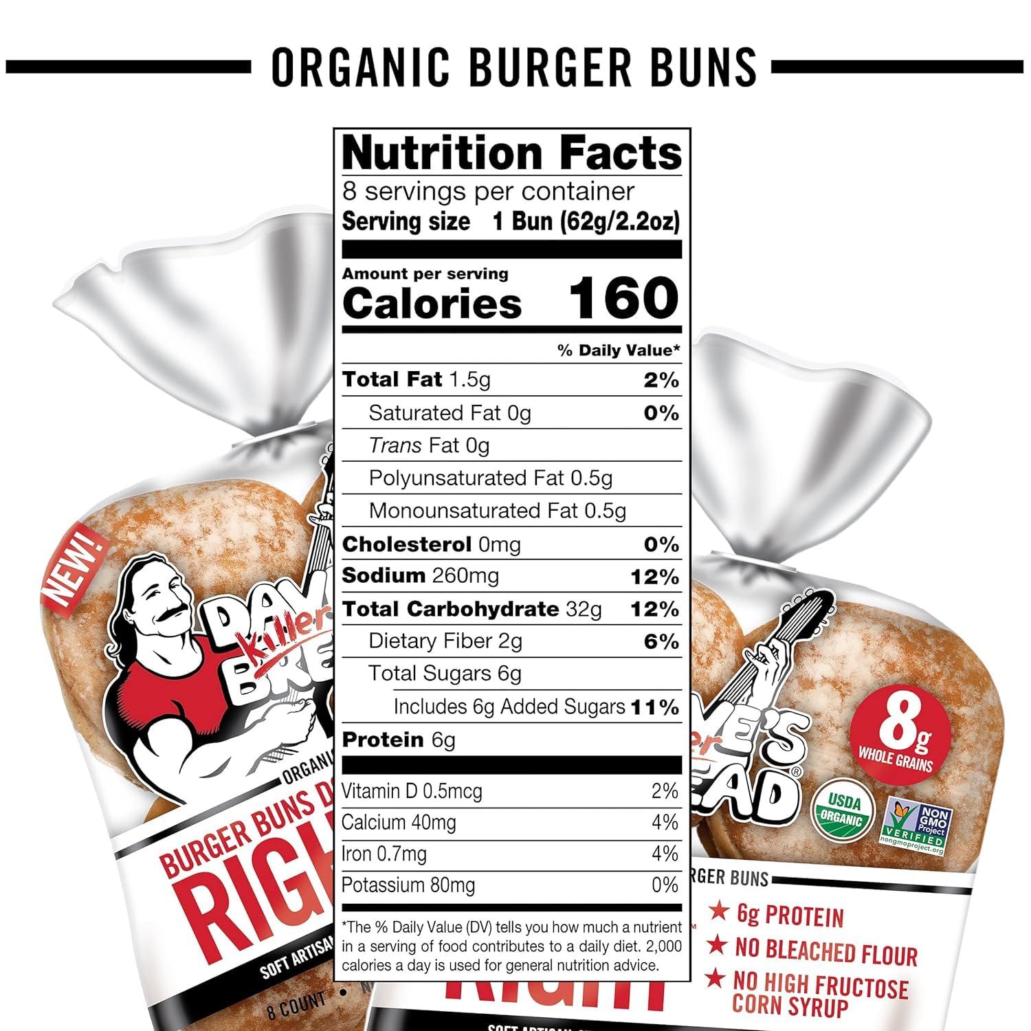 Dave's Killer Bread White Burger Buns - Pack of 2 (16 Buns Total, 17.6 Oz) | Soft Artisan Buns for Burgers, Sandwiches & BBQs | Non-GMO & Organic