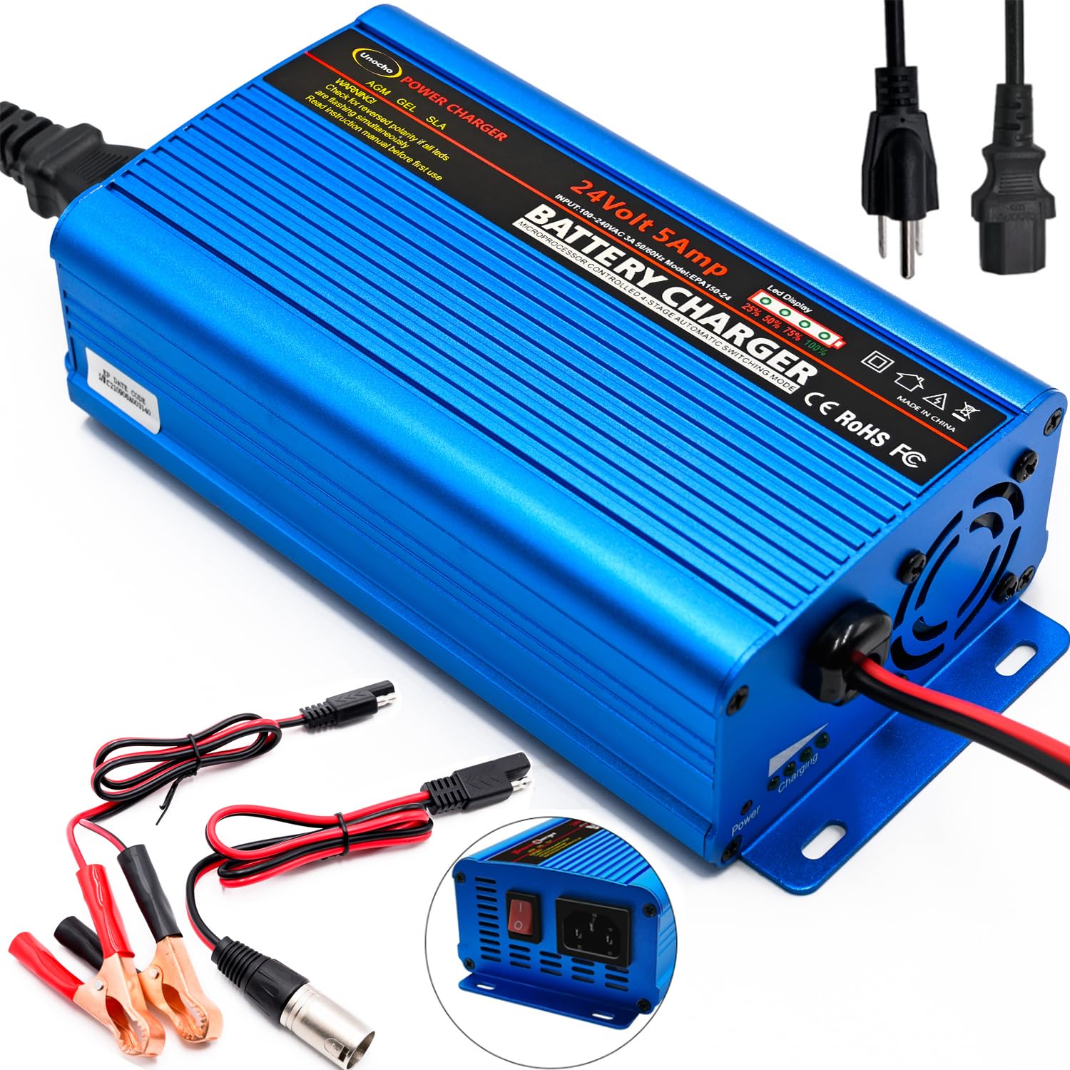 Unocho 24V Smart Automatic Battery Charger - 5A Car Battery Maintainer with Trickle Charge, 3-Pin XLR & Alligator Clips, I/O Switch - Perfect for Cars, Motorcycles, Boats & RVs