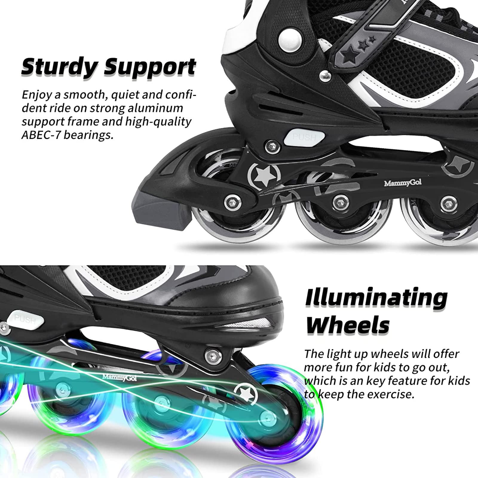 **MammyGol Adjustable Kids Inline Skates with LED Light-Up Wheels - Perfect for Boys & Girls - Ideal for Outdoor Play, Roller Rinks & Birthday Gifts**