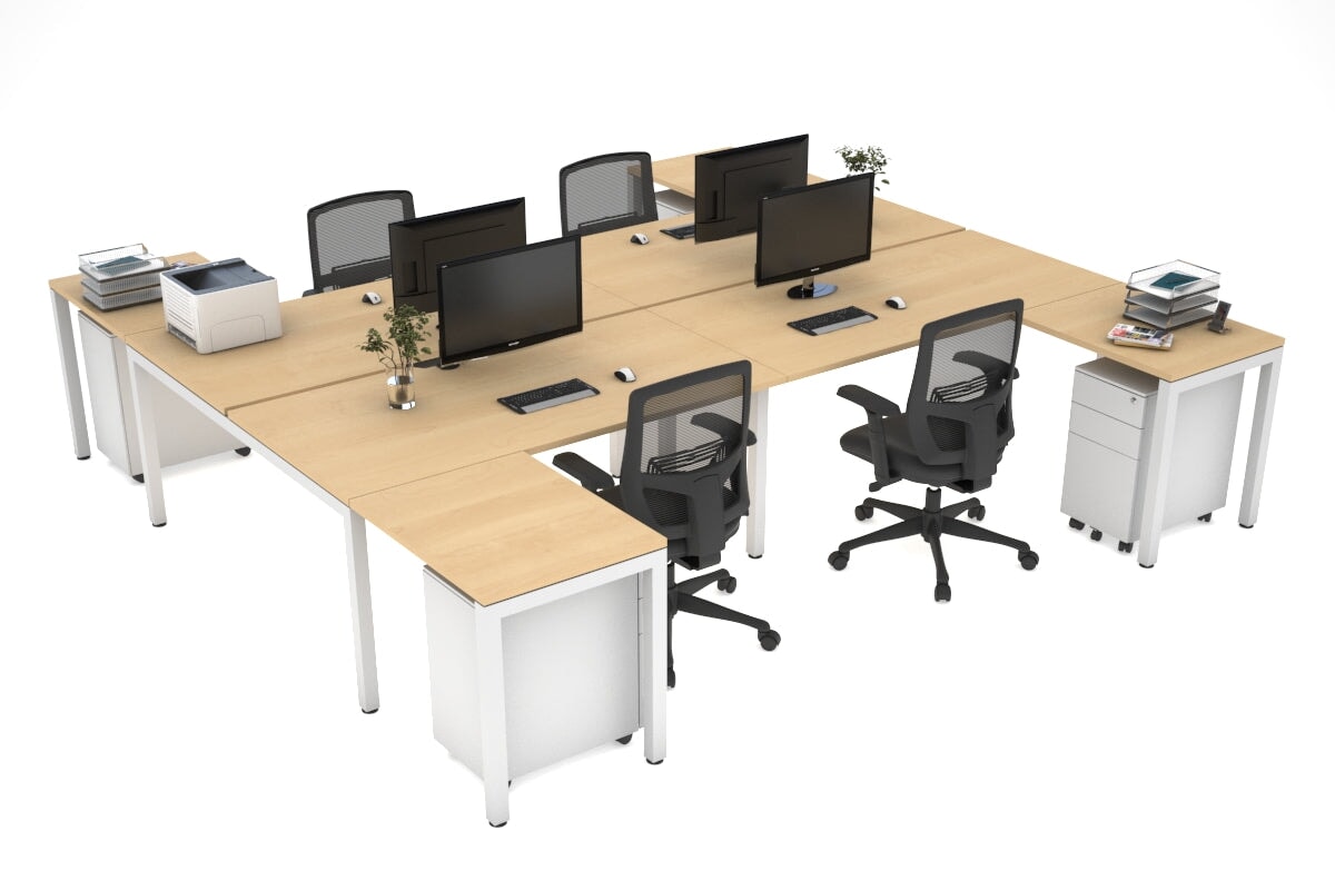 Quadro Square Legs 4-Person Corner Workstation - H Configuration White Frame [1400L x 1800W with Cable Management] - Perfect for Office Collaboration & Team Workspaces