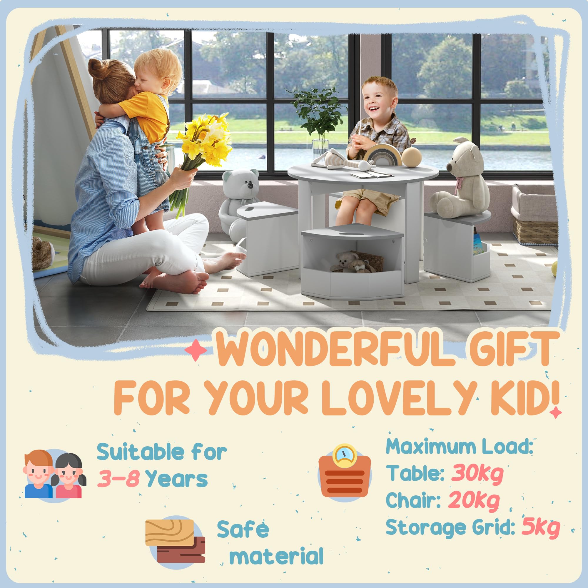 Qaba 5-Piece Kids Table and Chair Set with Storage - Toddler Activity Table for Art, Crafts, Reading - Perfect for Classroom, Playroom, Daycare & Home (Grey) - Encourage Creativity & Learning in Children