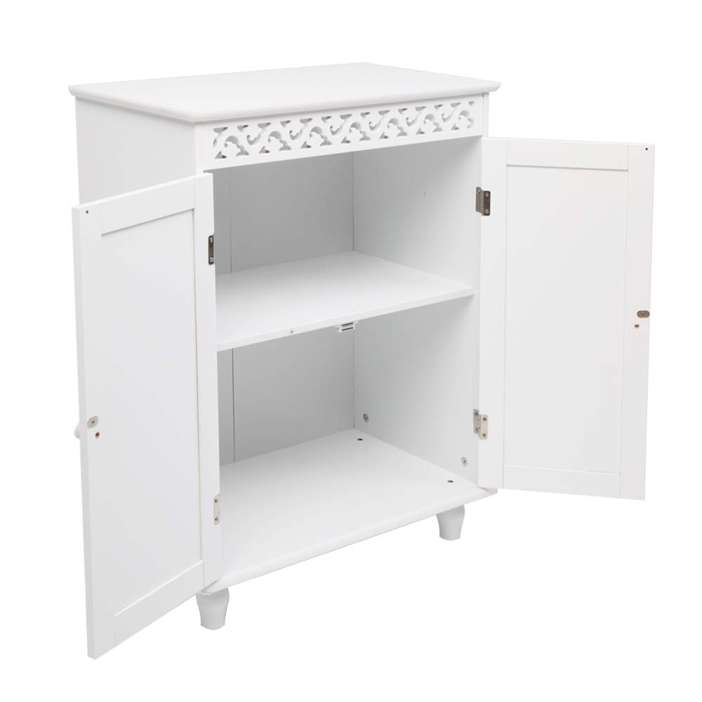 White Carved Double Door Bathroom Floor Cabinet with Adjustable Shelves - Bathroom Storage Organizer for Towels, Toiletries & Cleaning Supplies