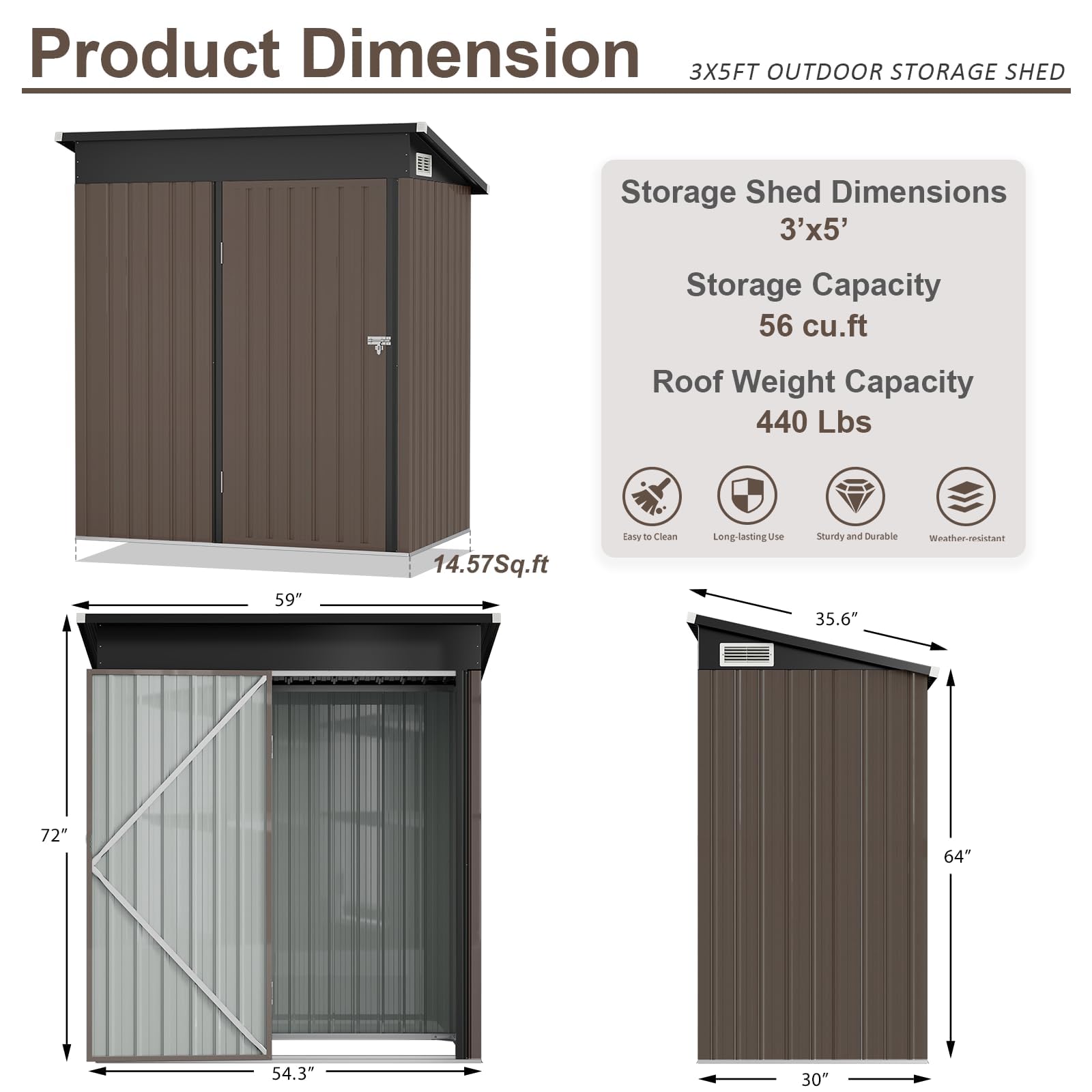 Aoxun 5' x 3' Metal Outdoor Storage Shed - Heavy Duty Steel Utility Tool Shed with Secure Door Lock - Weatherproof Garden Shed for Backyard, Patio, Lawn Equipment Storage (Brown) - Perfect for Storing Gardening Tools, Lawn Mowers & Outdoor Gear