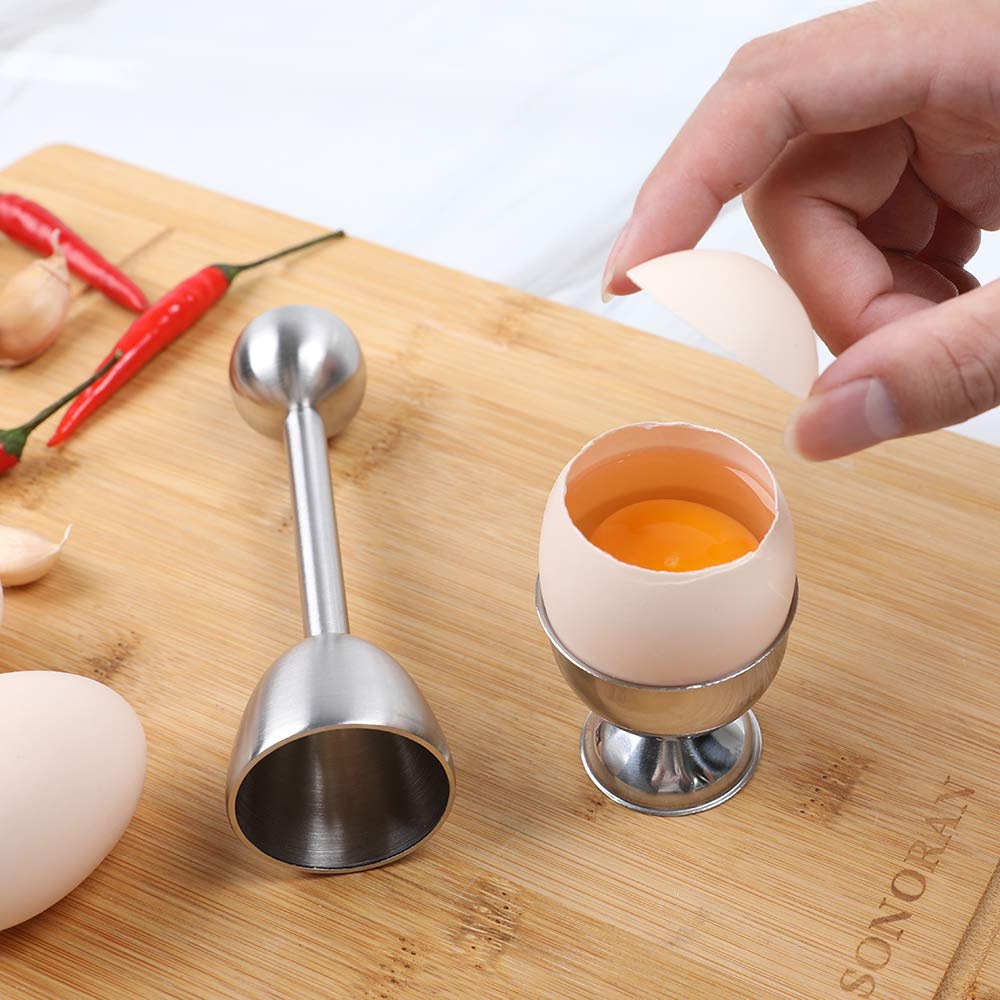 Stainless Steel Egg Cutter Topper Set - Soft/Hard Boiled Egg Cracker with 2 Cups, 2 Spoons & Shell Separator - Perfect for Breakfast Meal Prep, Salad Topping & Kitchen Cooking Tools