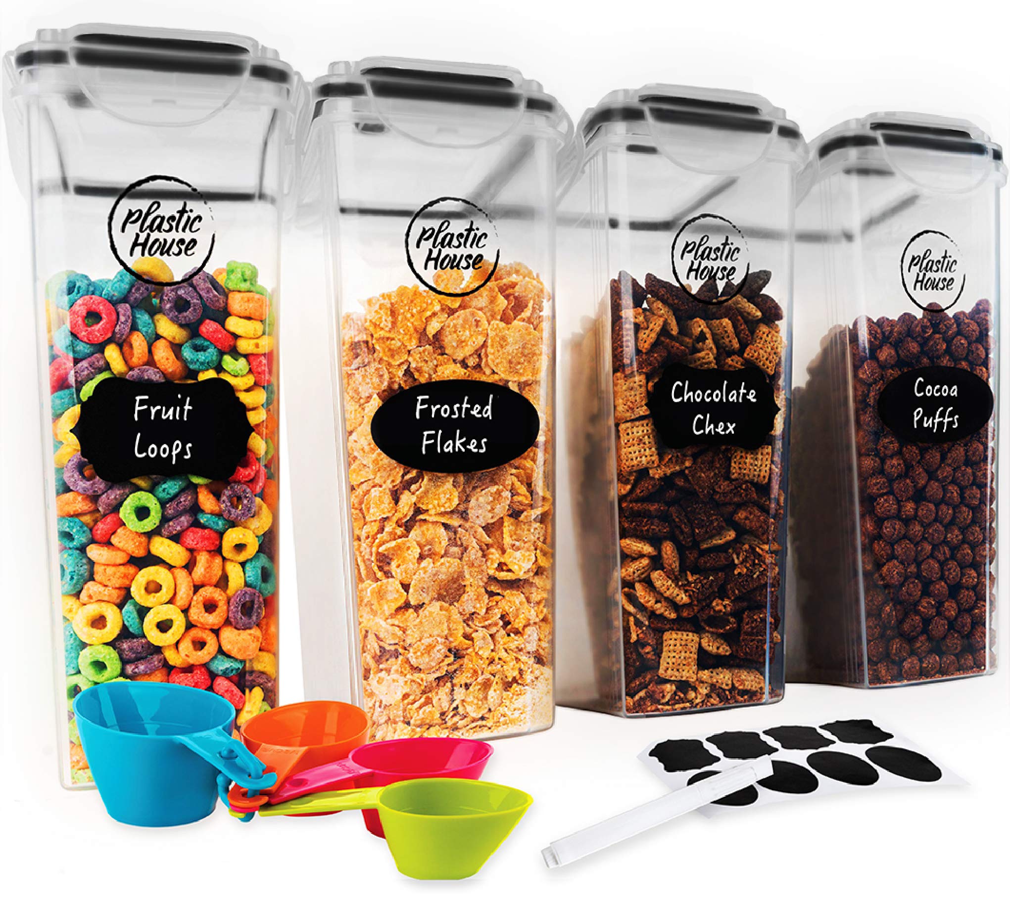 Airtight 4L Plastic Cereal Storage Containers with Lids - 4-Piece Set Fits Full Cereal Boxes | Kitchen Pantry Organizers for Cereal, Snacks & Dry Food Storage | Perfect for Breakfast, Baking & Bulk Food Organization
