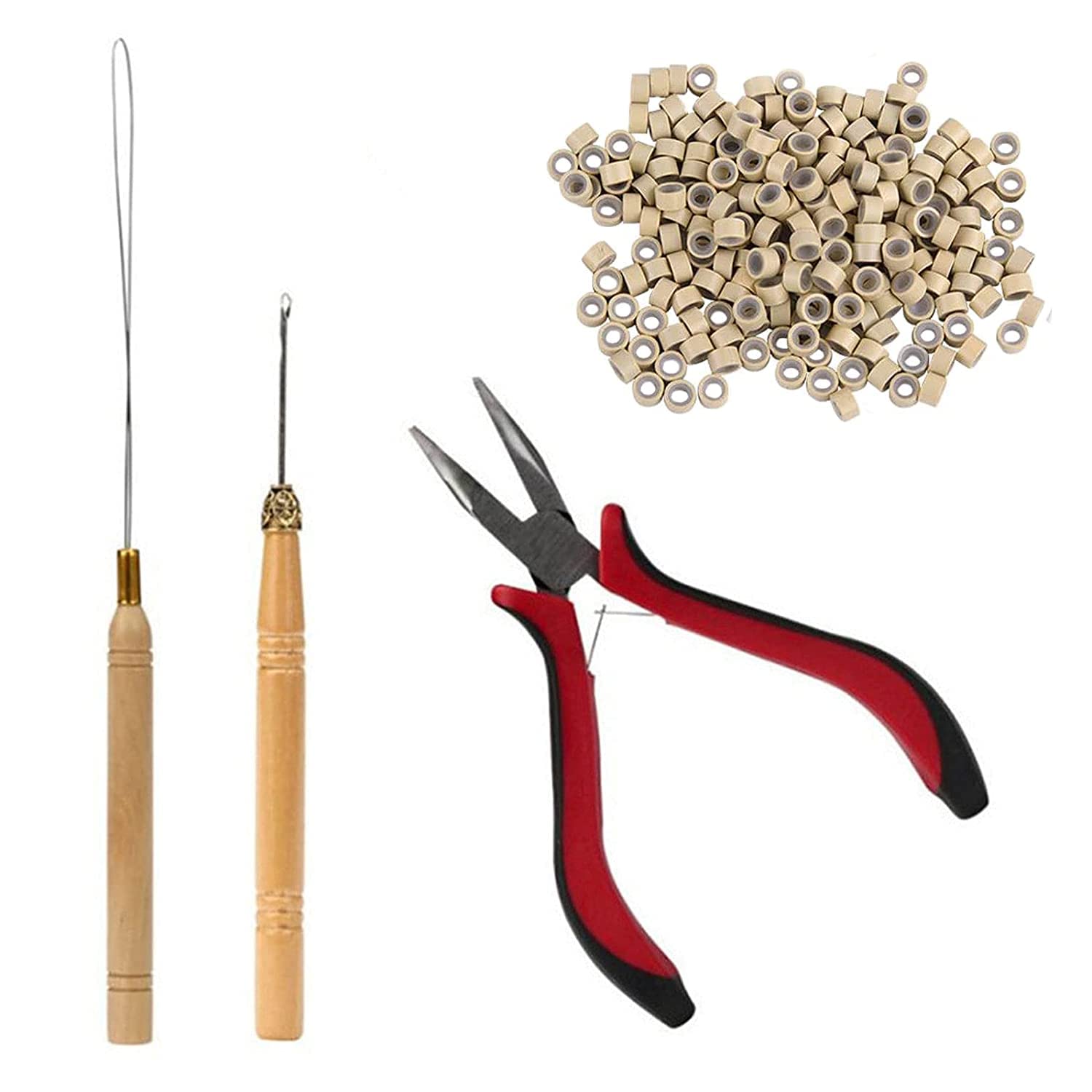 Professional Hair Extension Kit with Pliers, Pulling Hook & 500 Beige Silicone Lined Micro Rings - Essential Tools for Salon Stylists & DIY Hair Extensions at Home